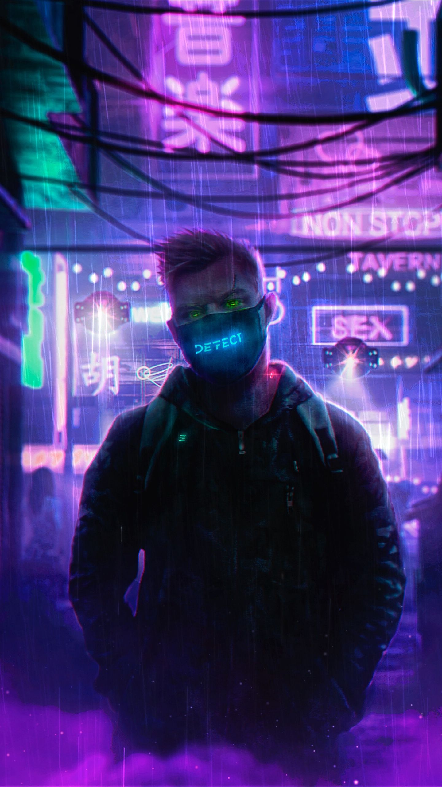 Download wallpaper 1440x2560 man, mask, cyberpunk, neon, rain qhd