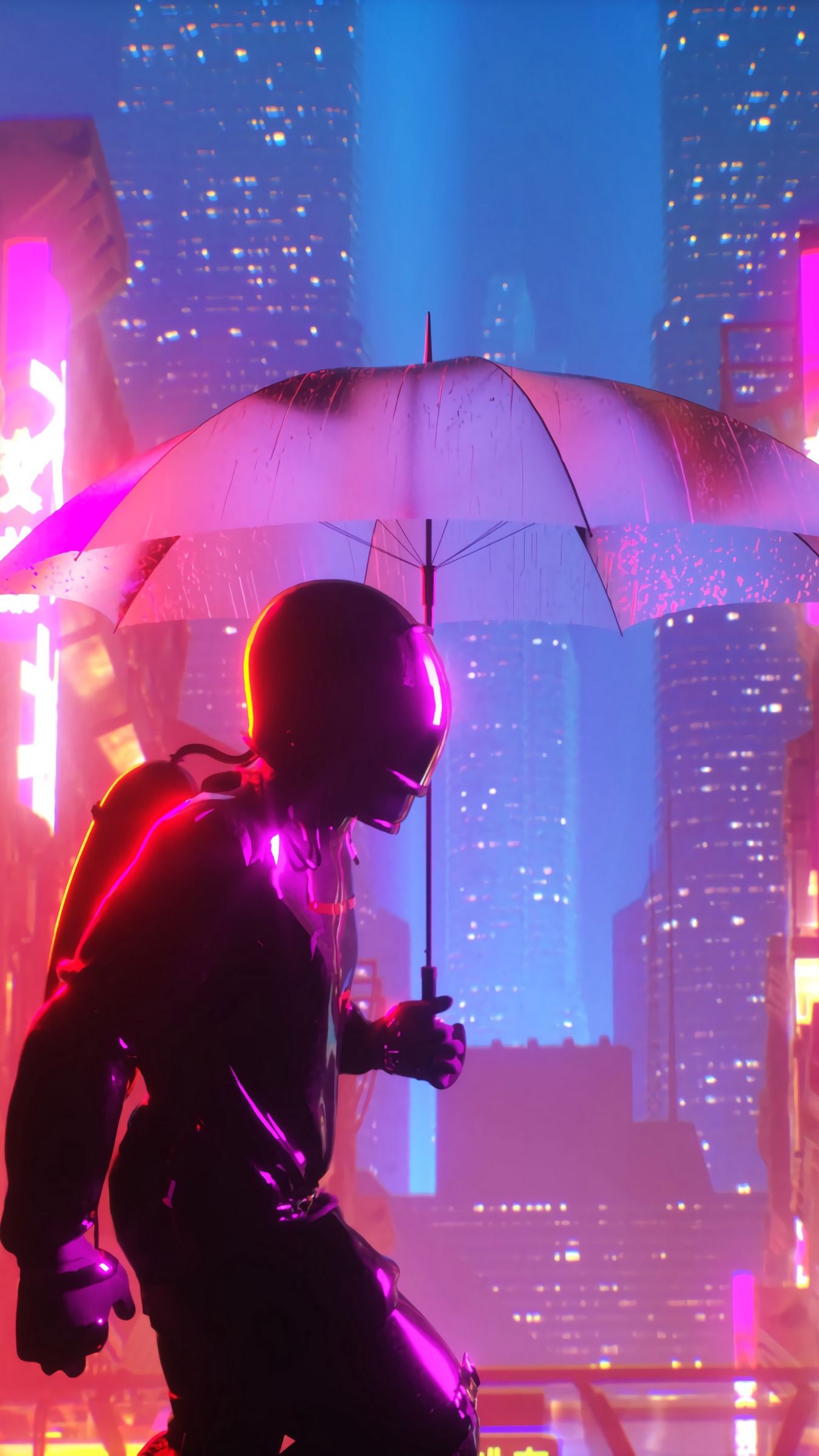 Download wallpaper 1350x2400 cyborg, umbrella, neon, cyberpunk