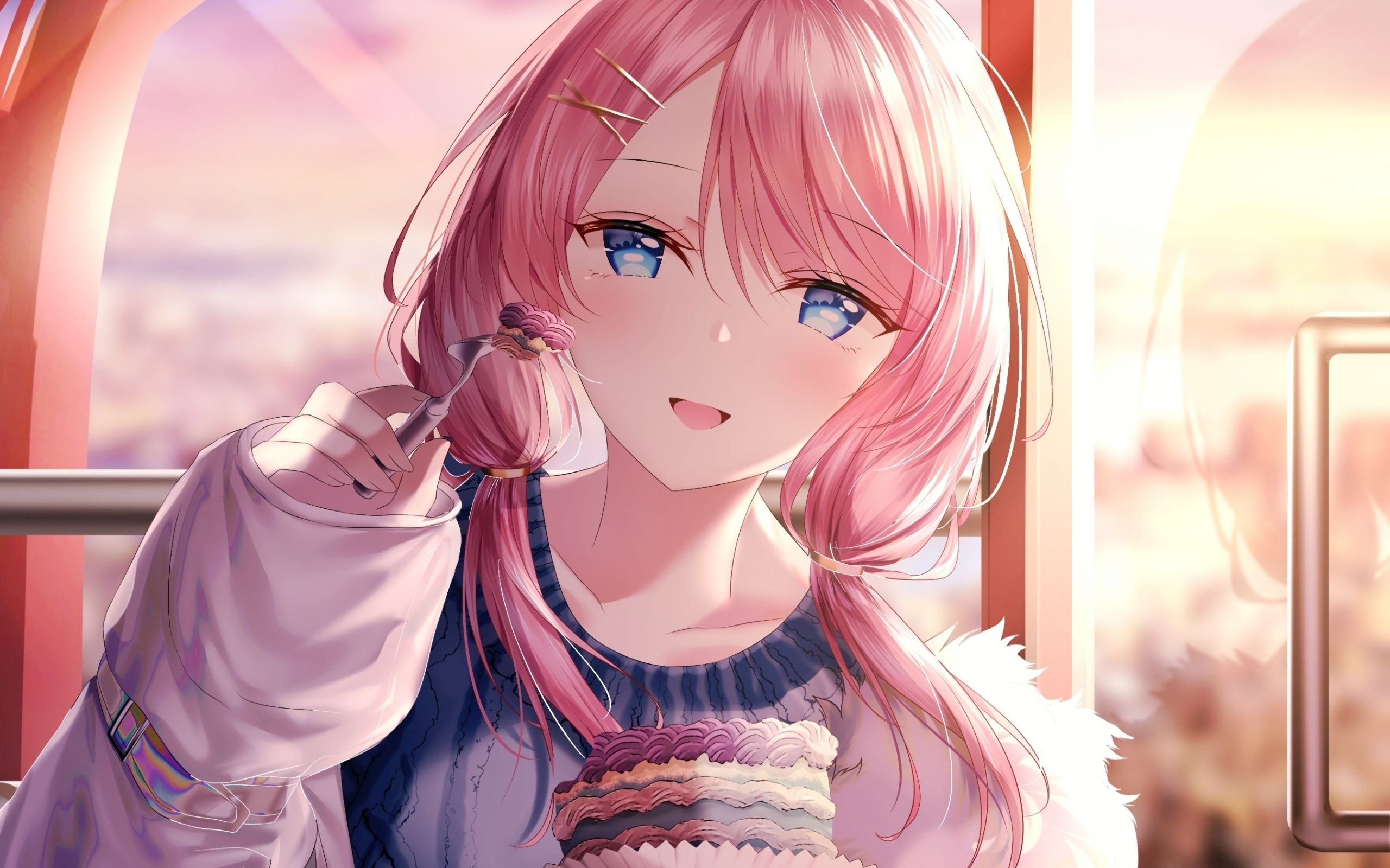 Download 2560x1600 wallpaper cute, anime girl, beautiful, eating