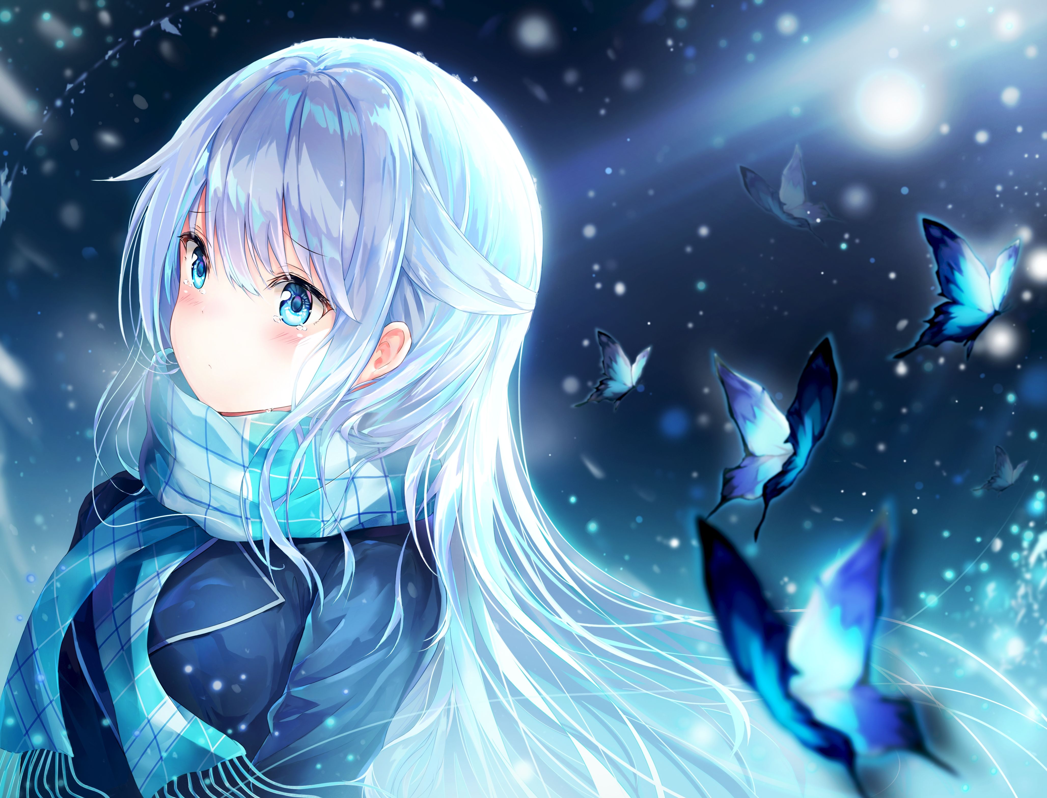 Download 4112x3135Follow Anime Girl, Tears, Butterflies, Scarf, White Hair Wallpaper