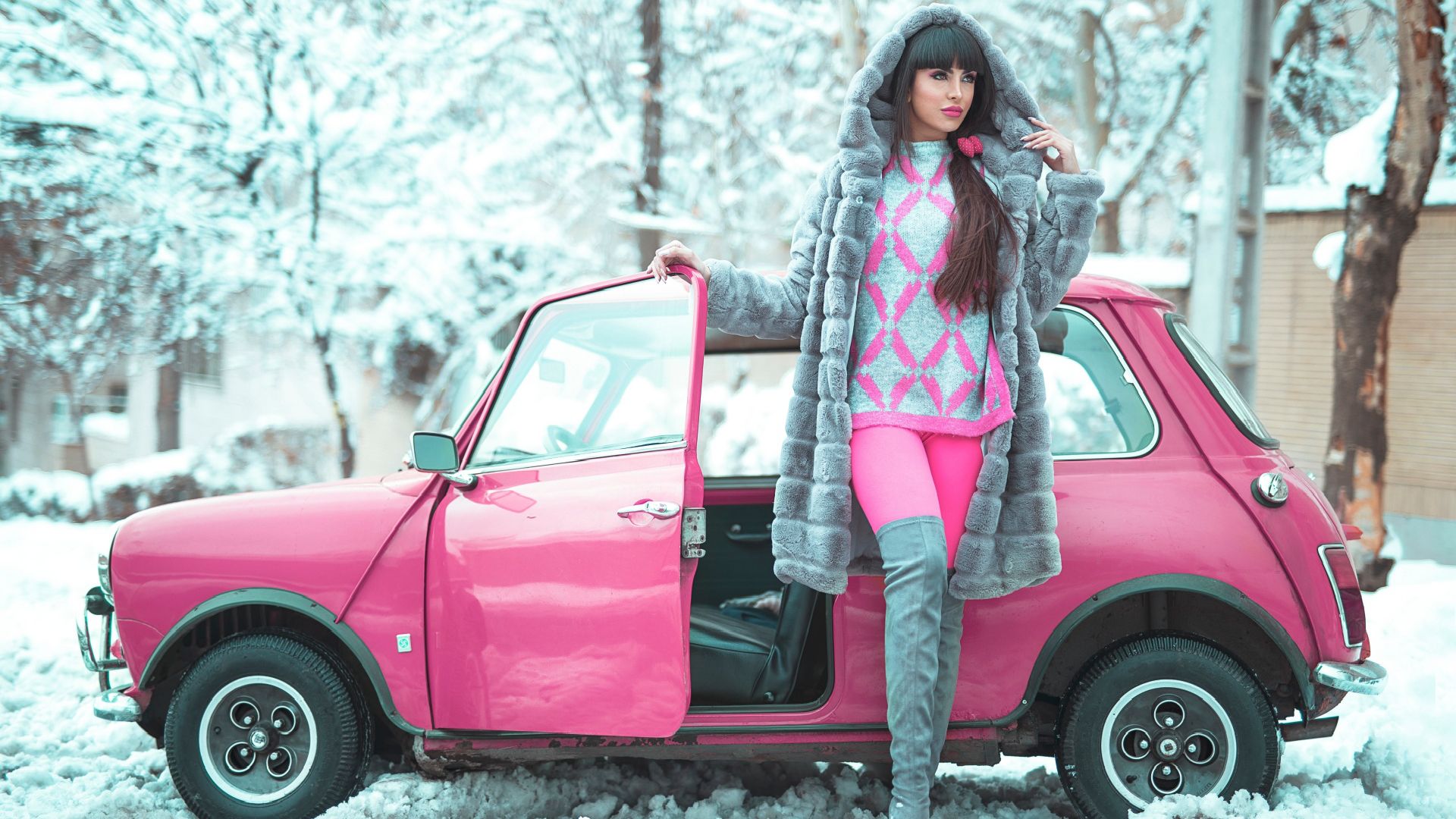 Beautiful Girl, Winter, Pink Retro Small Car Free Download Wallpaper HD