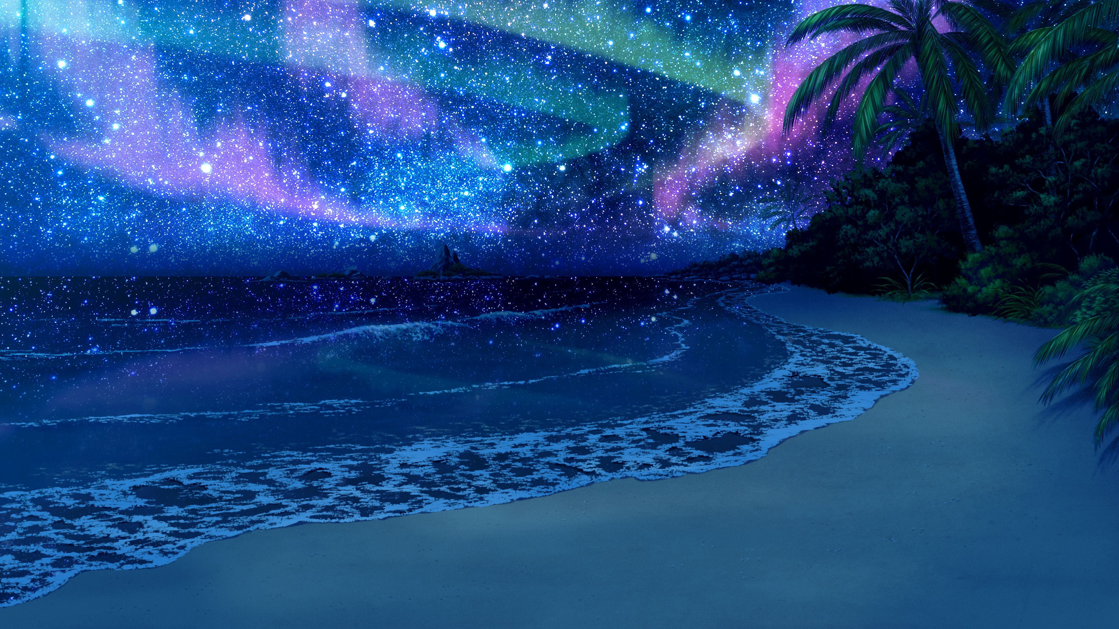 Beach Night Sky Stars Scenery Nature Anime 4K Wallpaper