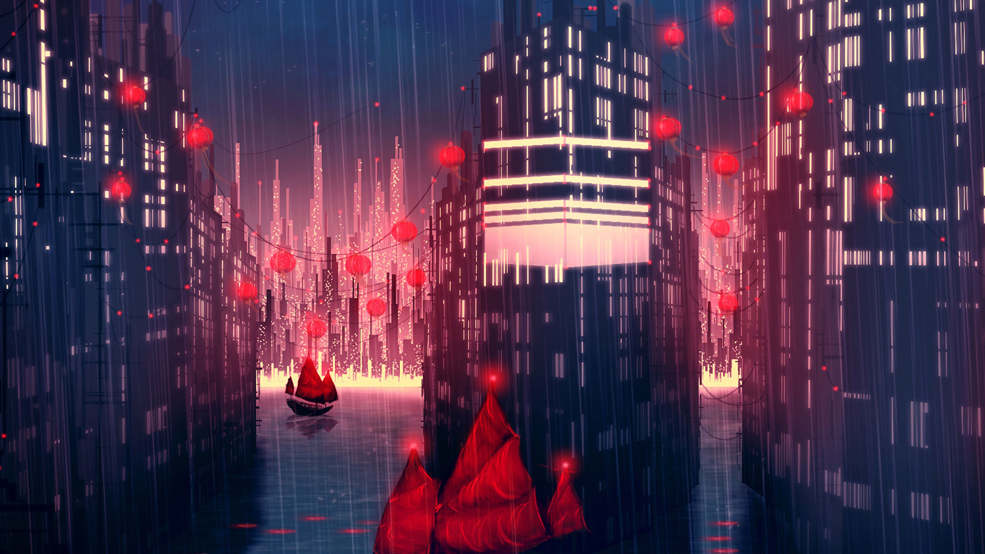 wallpaper for desktop, laptop. rainy anime city art illust