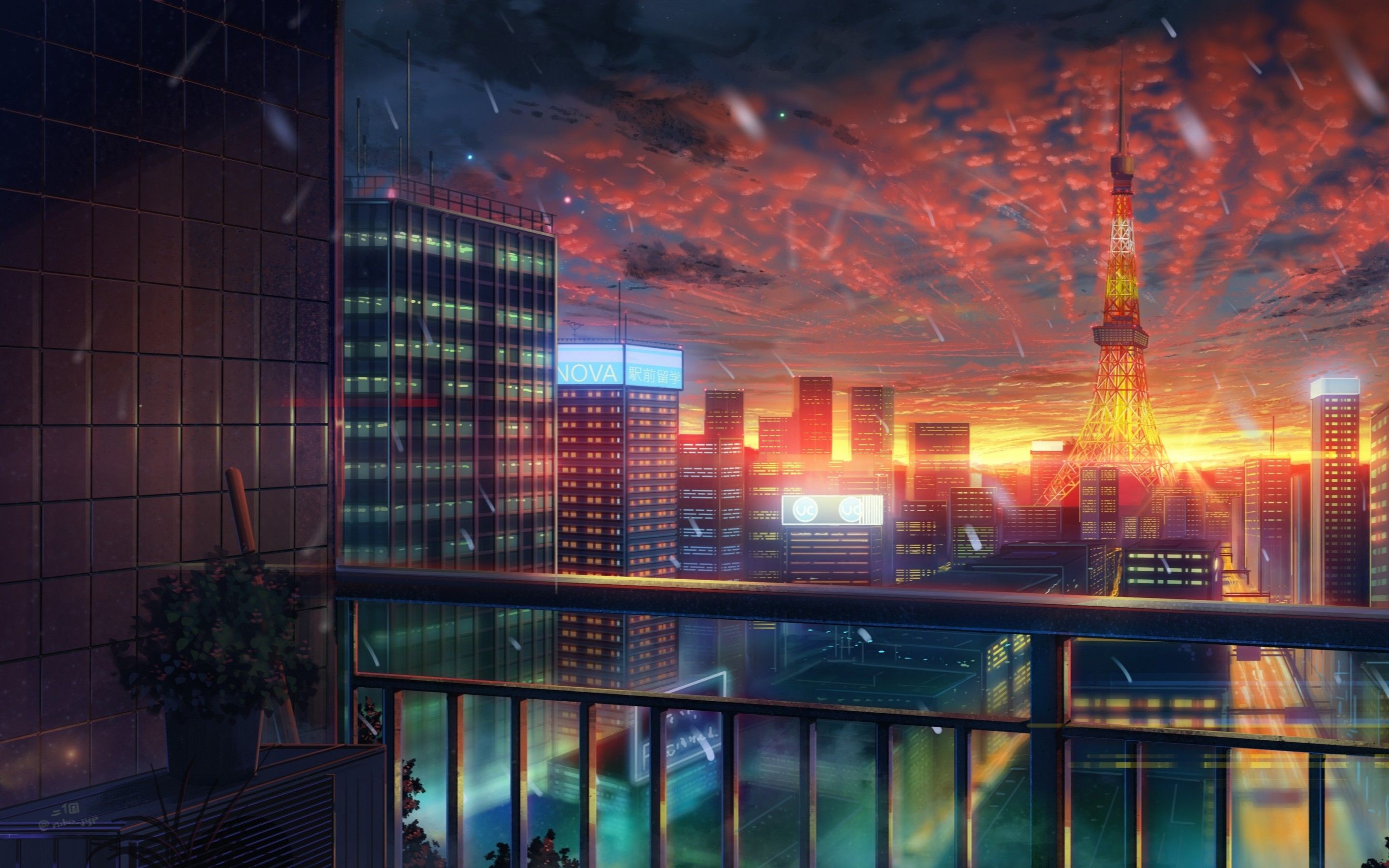 Download 2880x1800 Anime City, Tokyo Tower, Sunset, Buildings