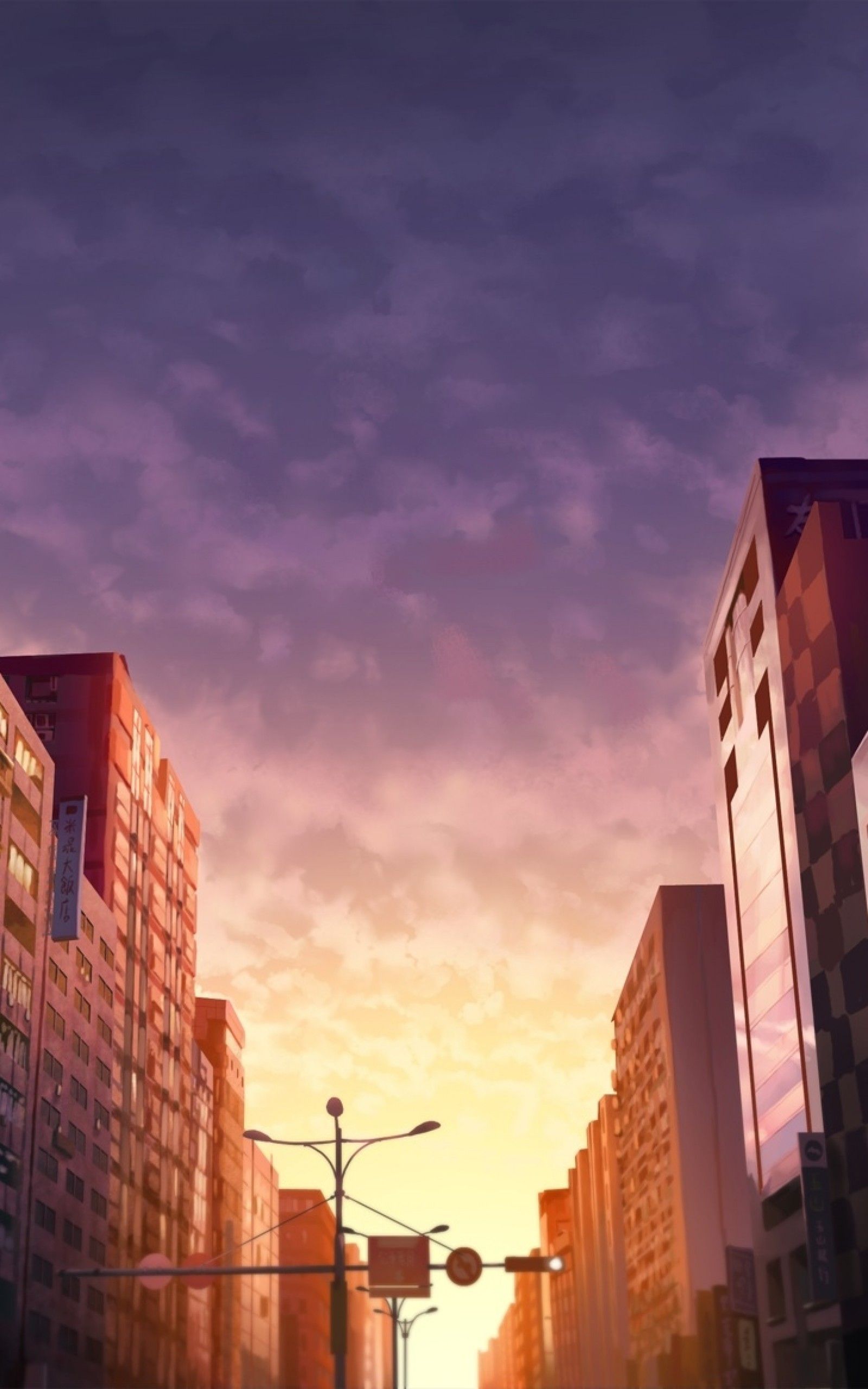 Download 1600x2560 Anime City, Sunset, Girl With Scythe, Buildings