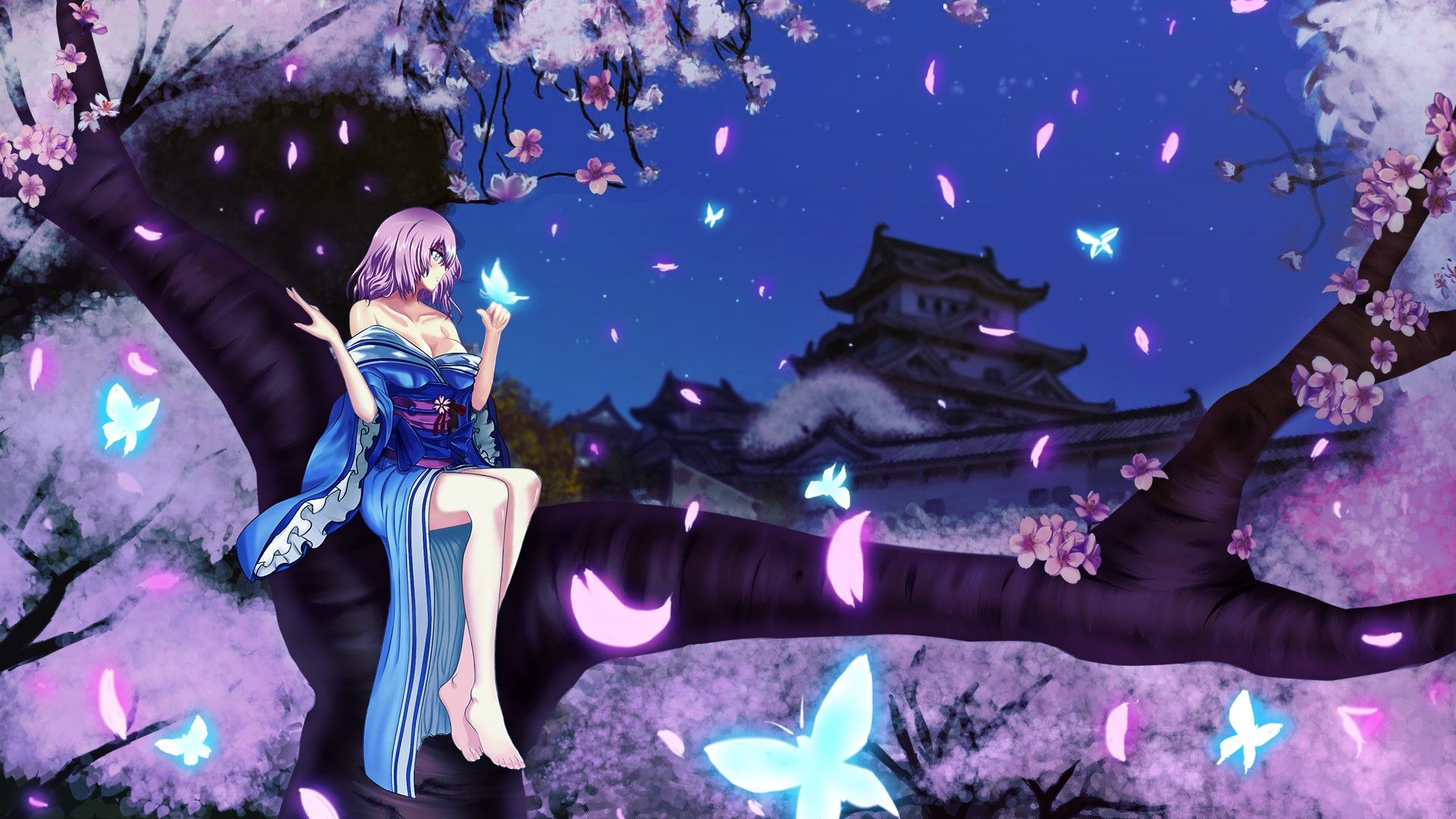 video games, Touhou, cherry blossoms, flowers, blue eyes, cleavage