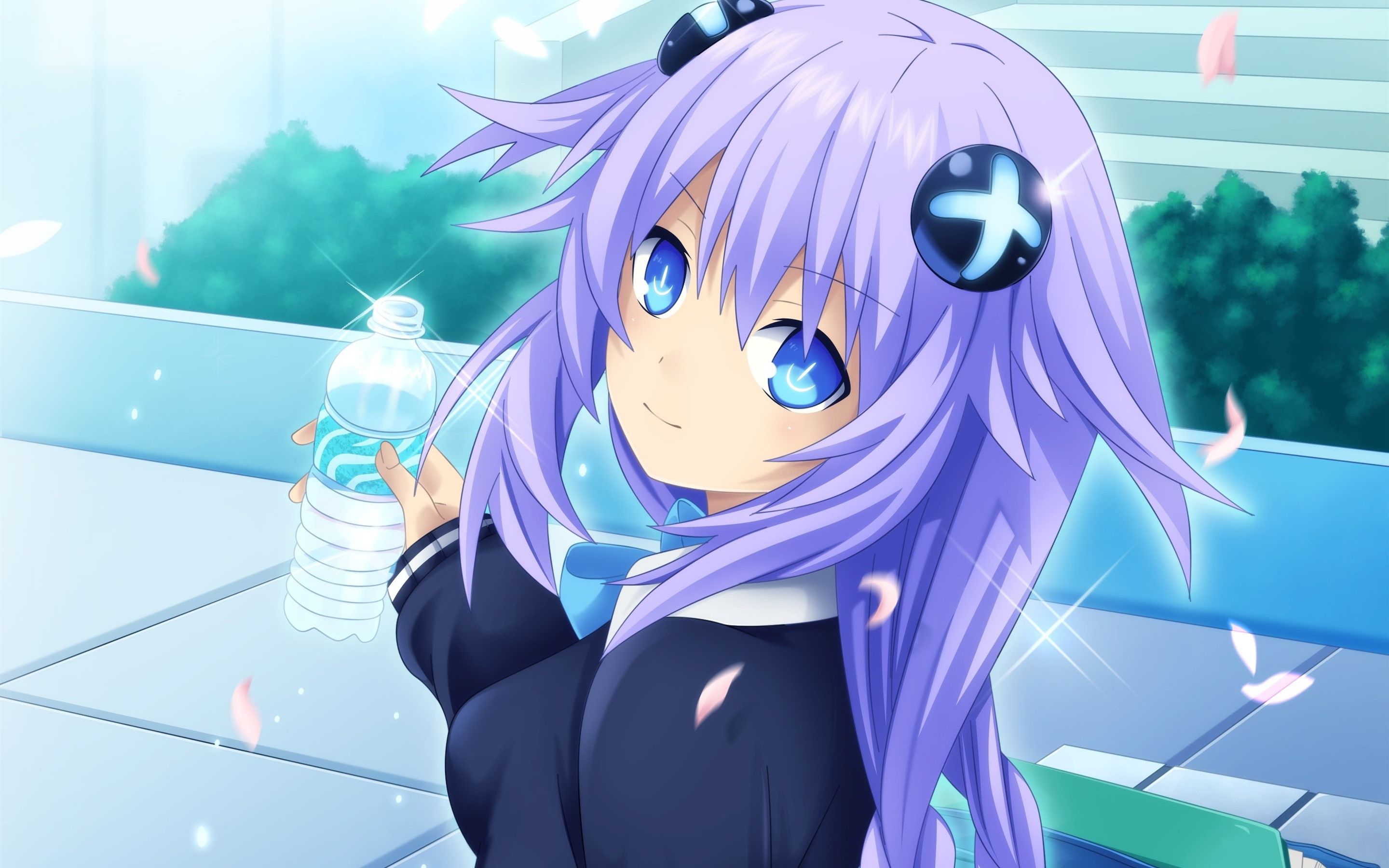Wallpaper Purple hair anime girl, blue eyes, bottle 2880x1800 HD