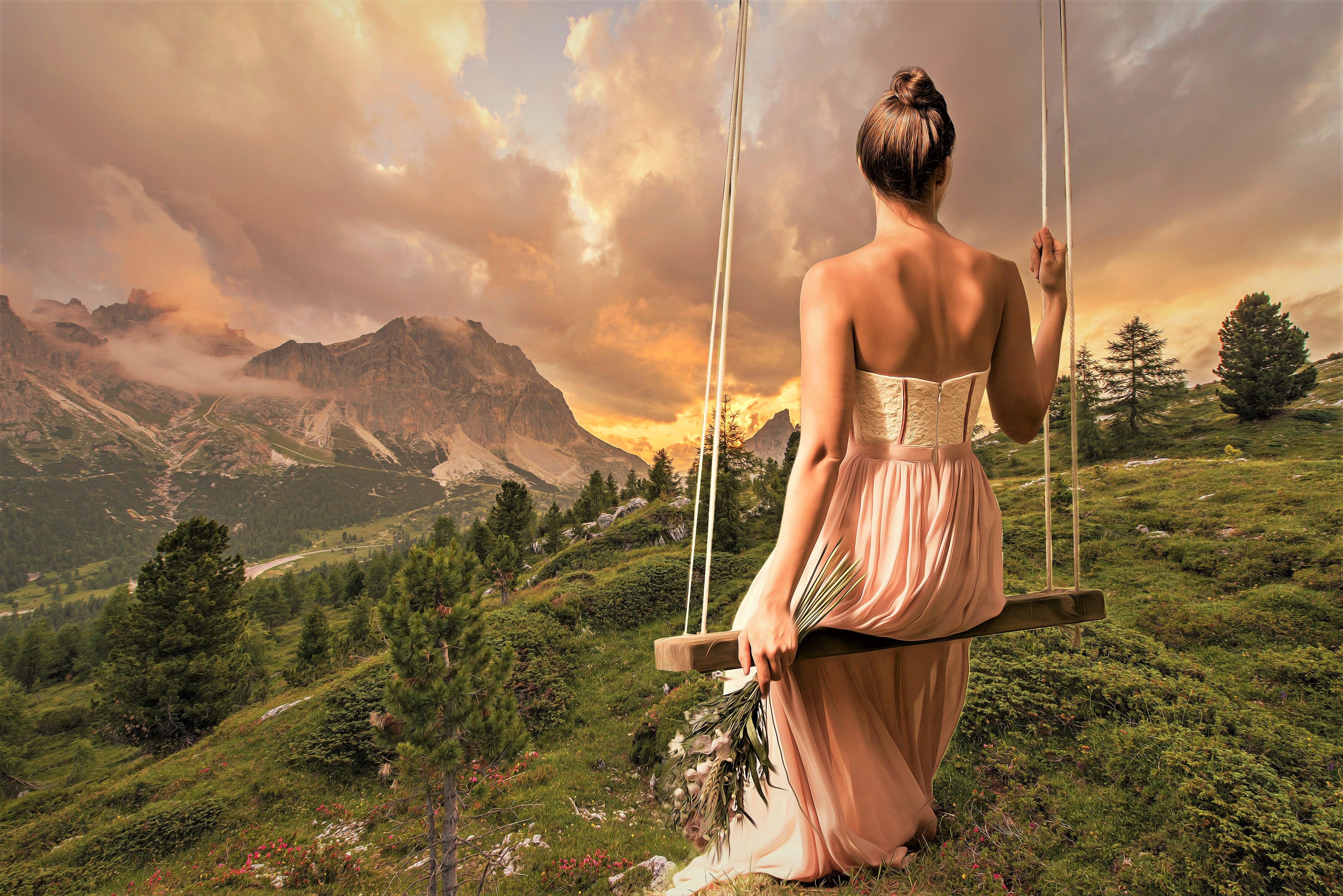 Swing, Girl, Mood, Rear, Woman, Landscape, Dress wallpaper Gallery HD Wallpaper