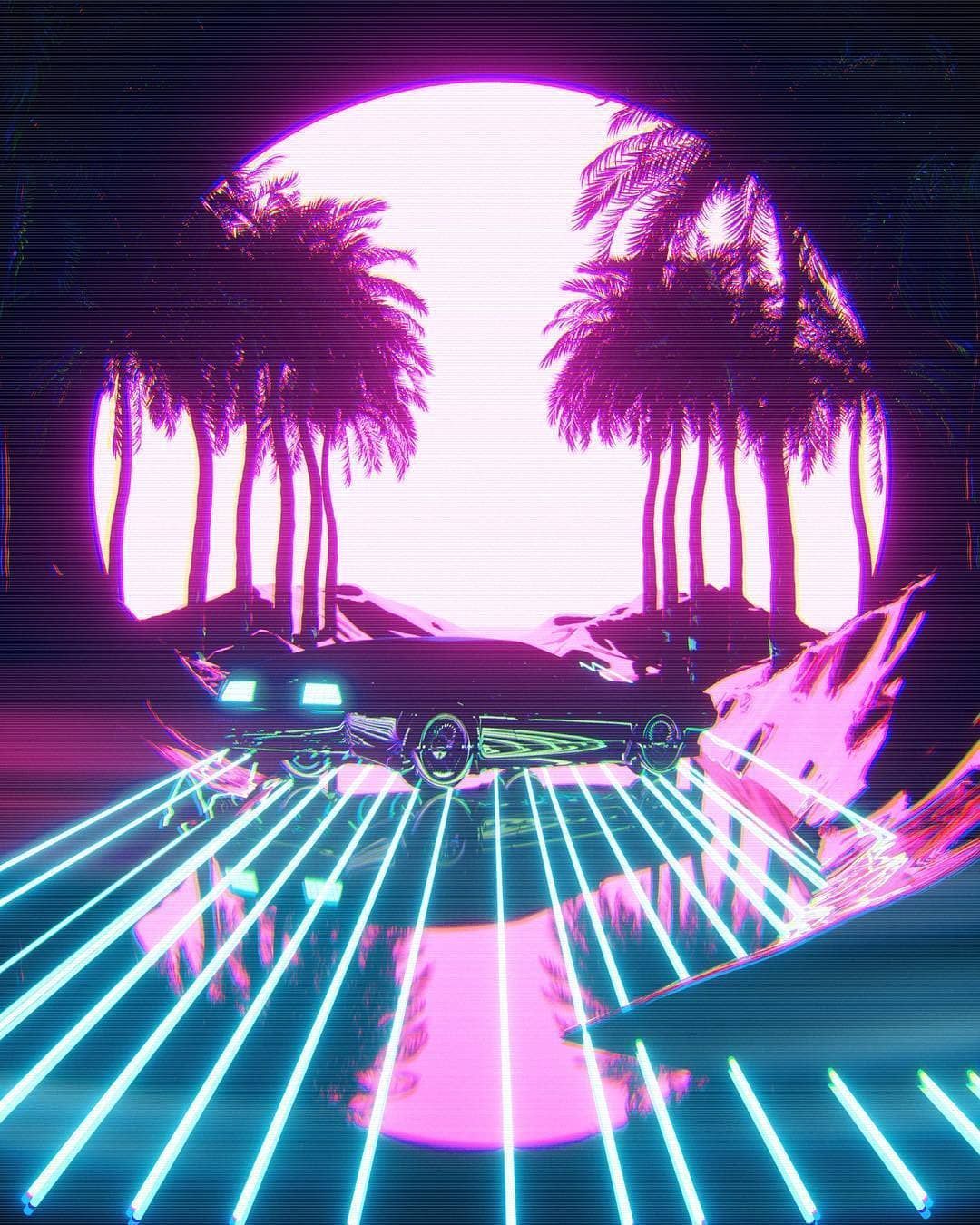 delorean car drifting on an outrun road next to palms miami wave retro new synthwave moon night. Synthwave art, Retro art, Vaporwave art
