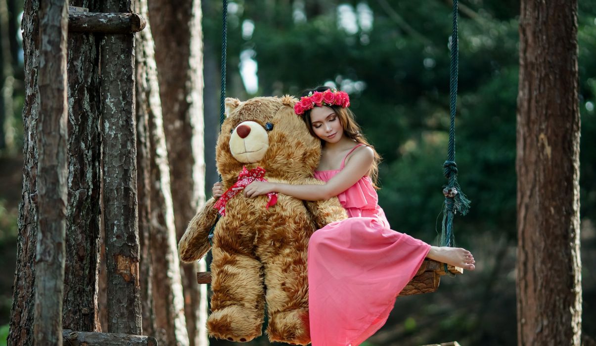 Asian Brunette Girl Model Mood Pink Dress Stuffed Animal Swing