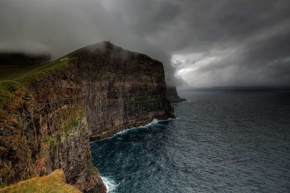 Black and gray short shorts, Faroe Islands, sea, clouds, coast HD