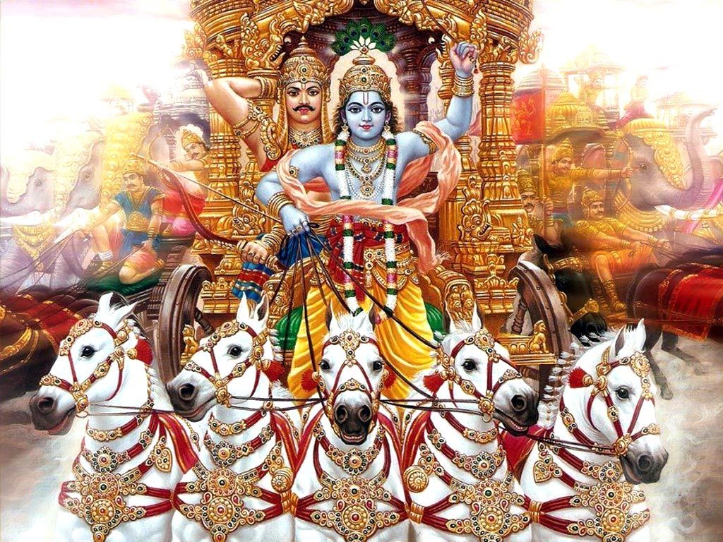 Lord Krishna saves Arjuna from destruction of chariot. Indian