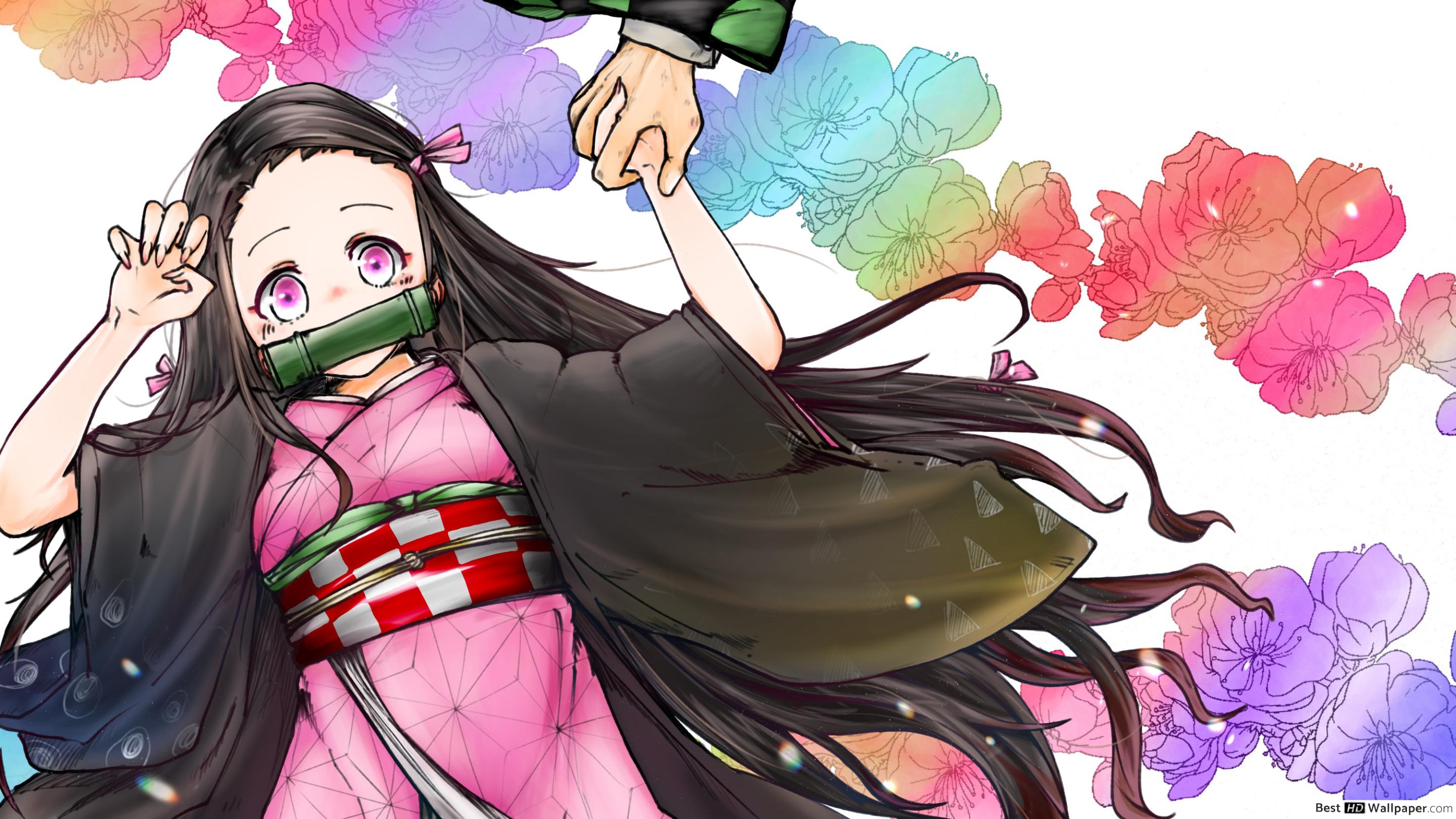Nezuko holds Tanjiro's hand with colorful flower background HD