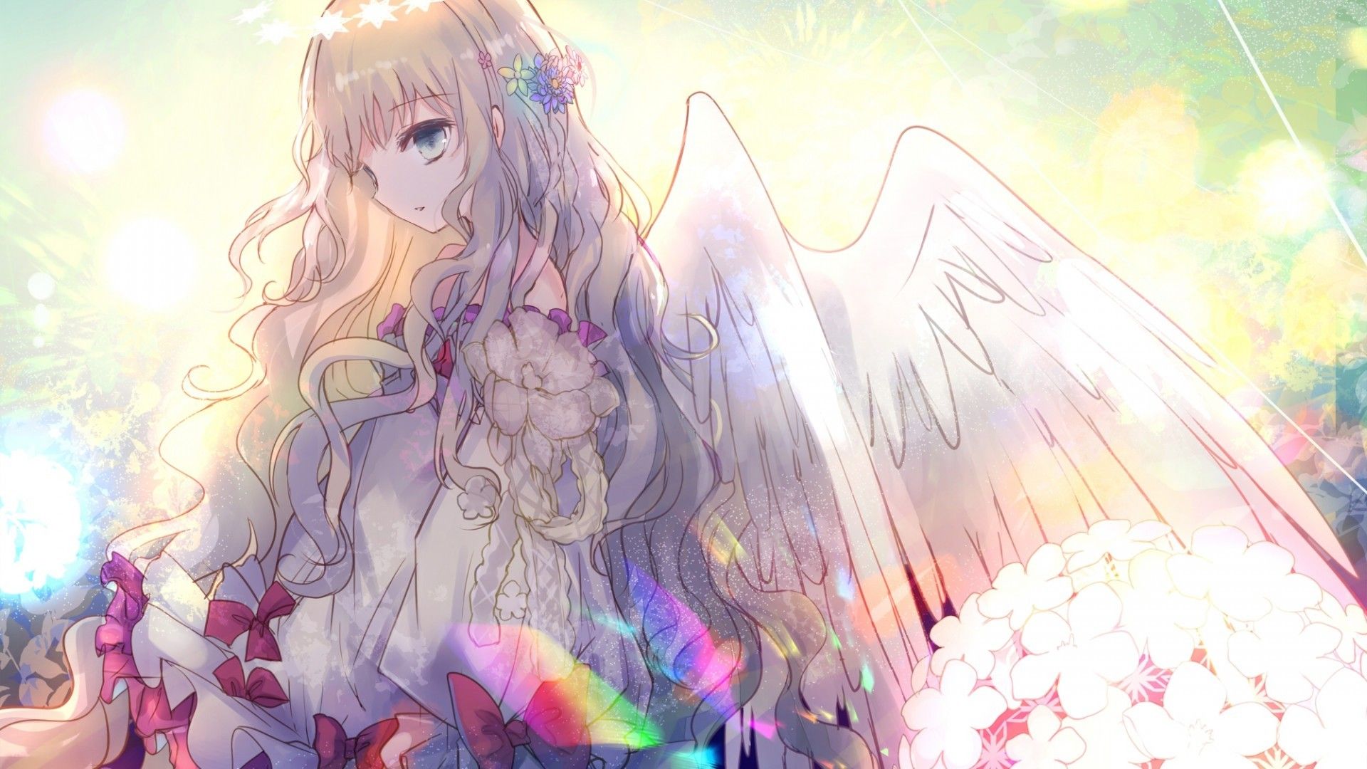 Download 1920x1080 Angel, Wings, Anime Girl, Flowers, Profile View