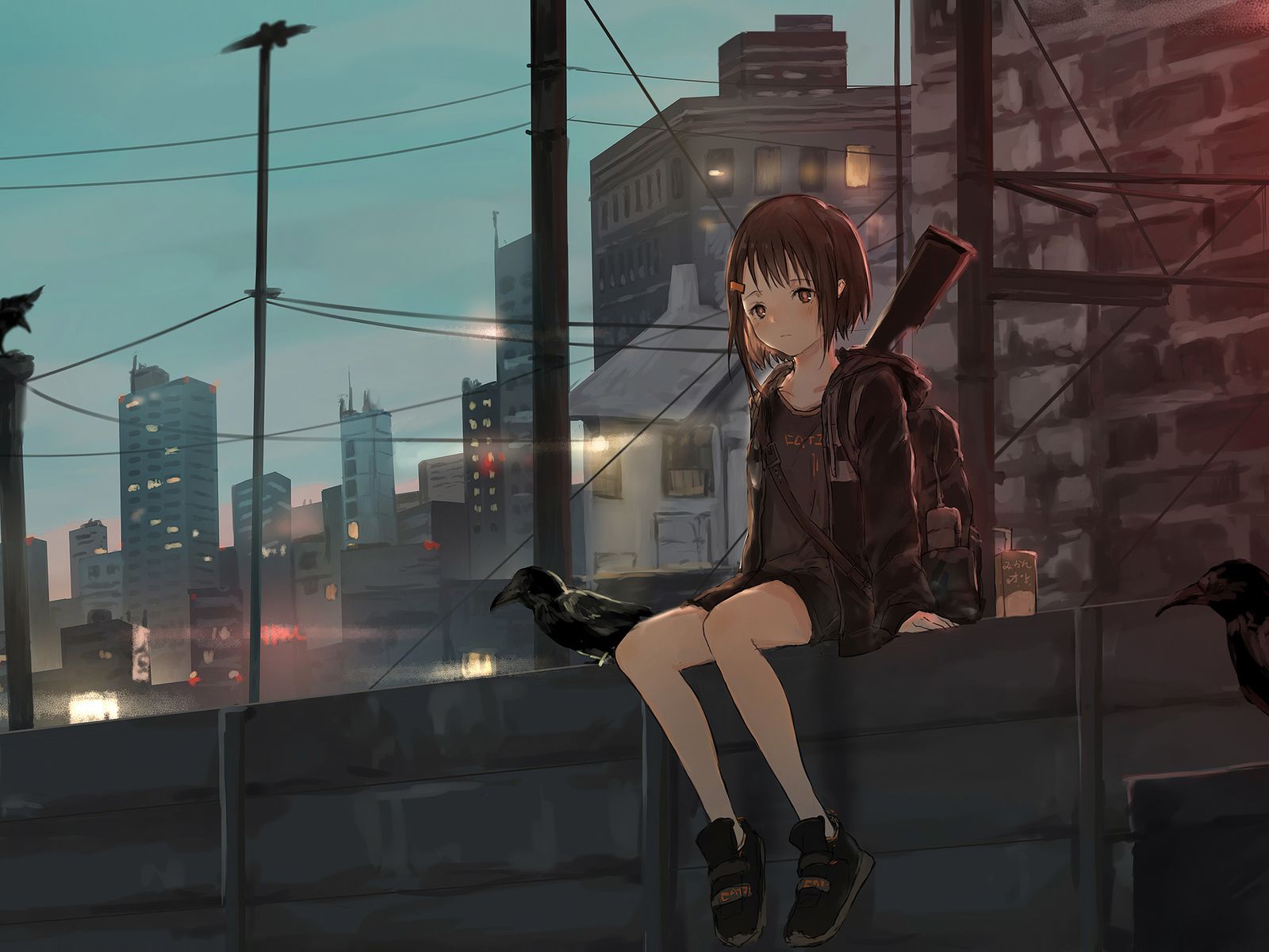 Anime Girl Sitting Alone Roof Sad 4k 1600x1200