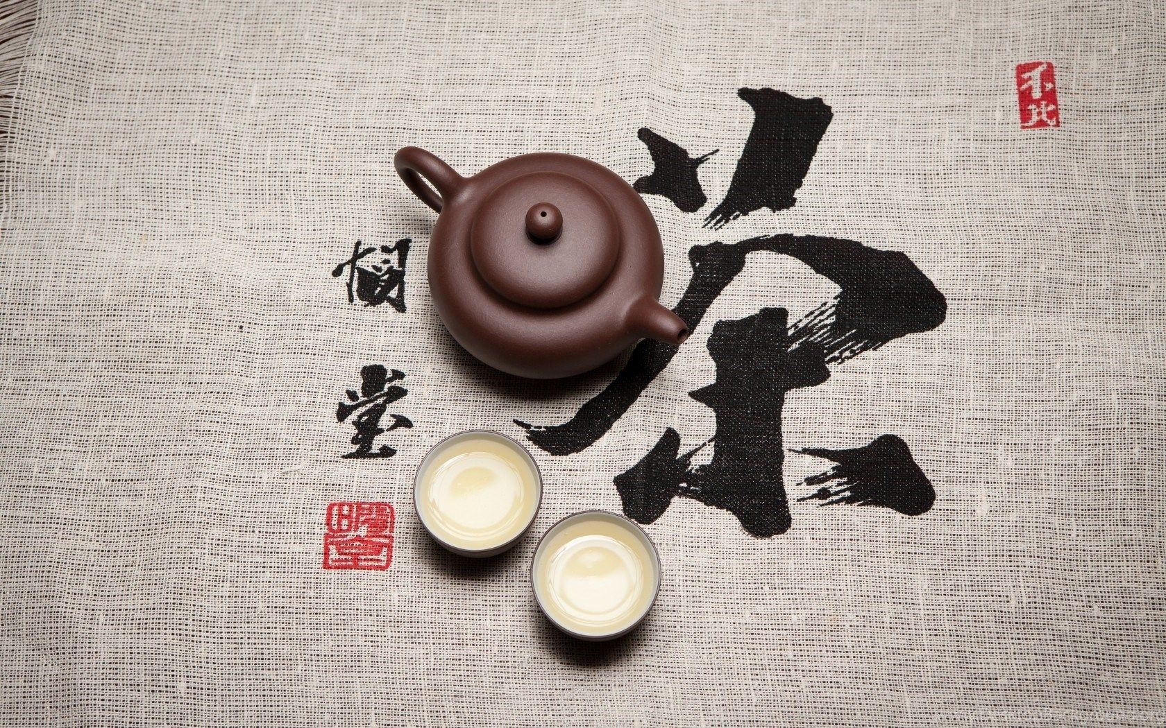 Chinese Letters, Cloth, Tea, Bowls HD Wallpaper Desktop Background