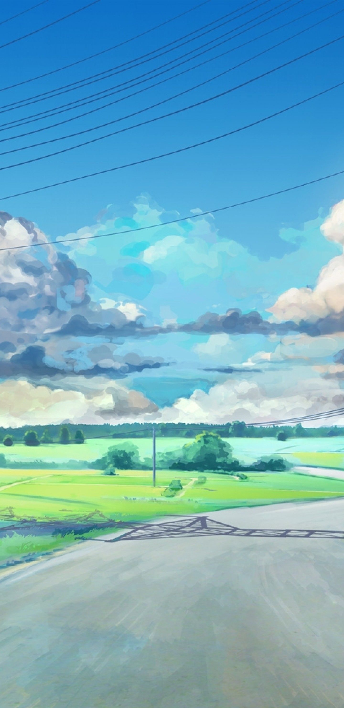 Download 1440x2960 Anime Landscape, Clouds, Grass, Field, Scenic