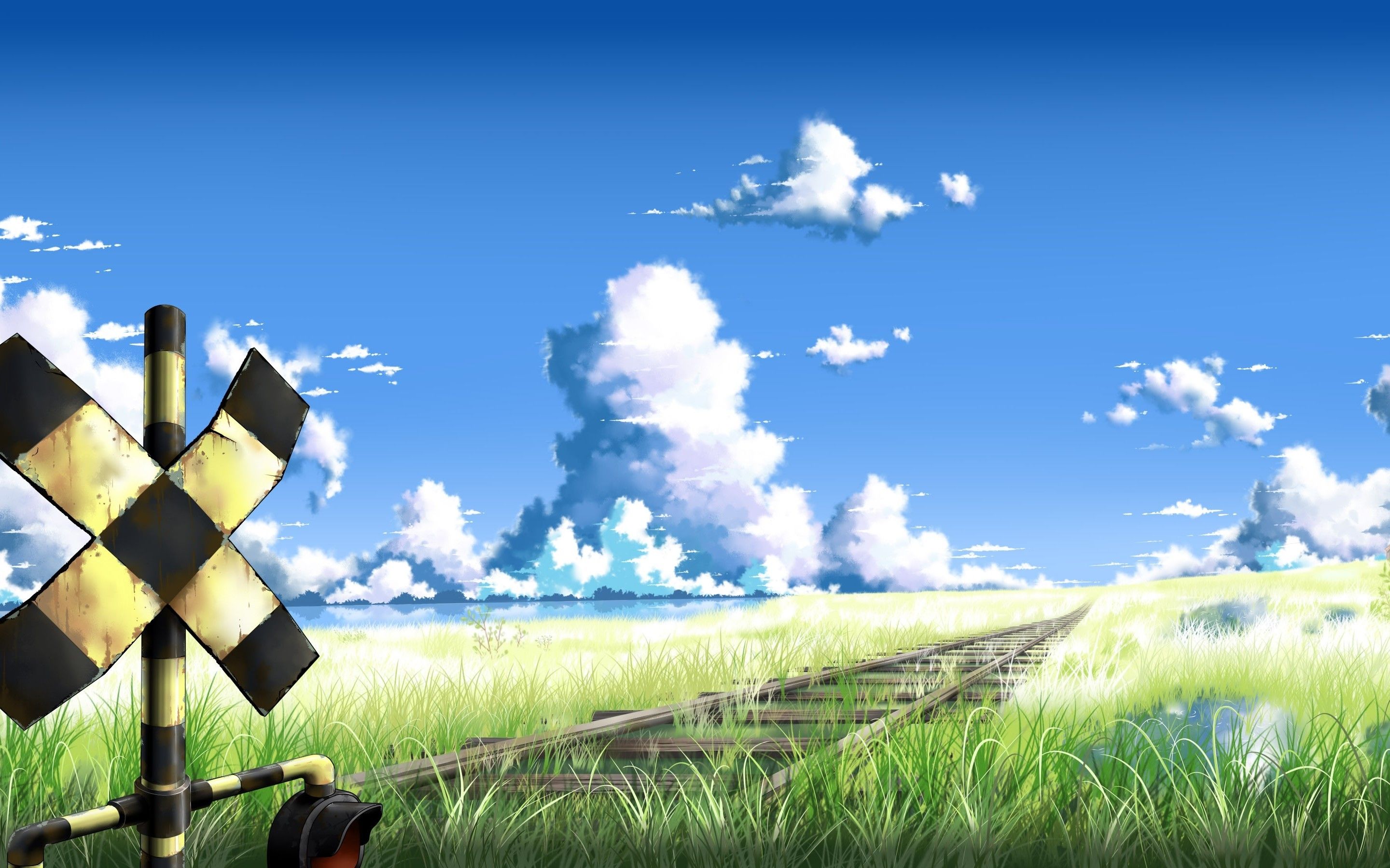 Download 2880x1800 Anime Landscape, Railway, Field, Grass, Clouds
