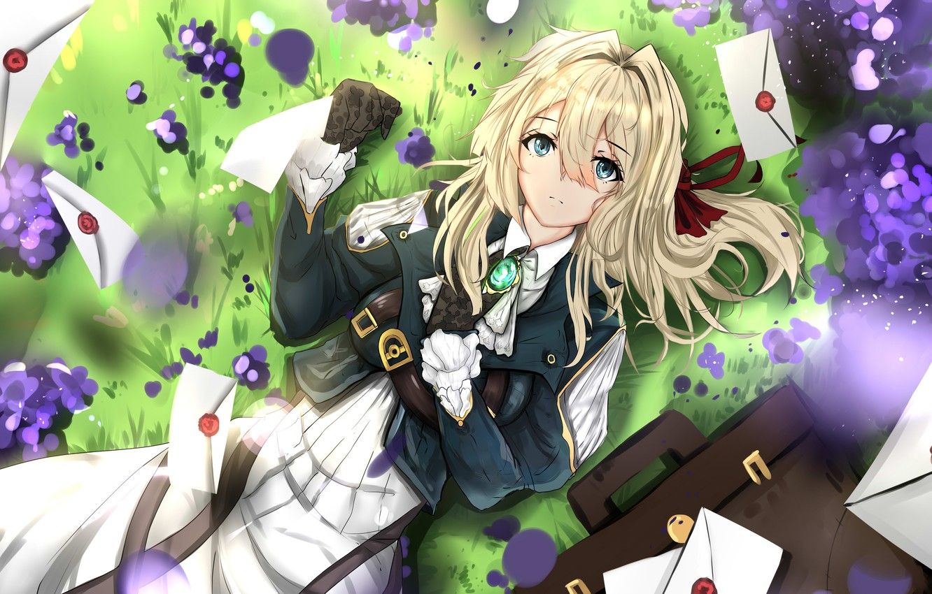 Wallpaper grass, field, anime, letters, violet evergarden image