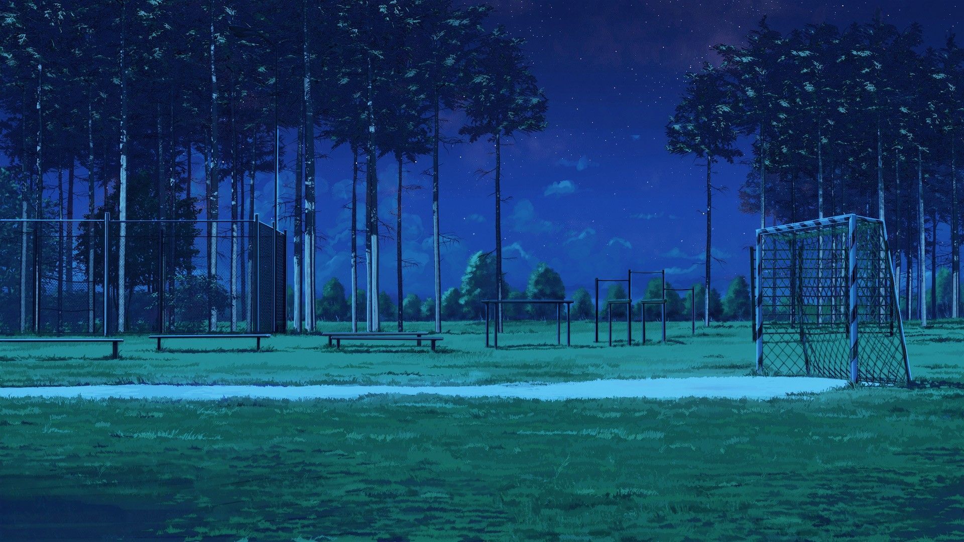 night, #Everlasting Summer, #Soccer Field, #ArseniXC, #bench wallpaper. Anime scenery wallpaper, Anime scenery, Night landscape photography
