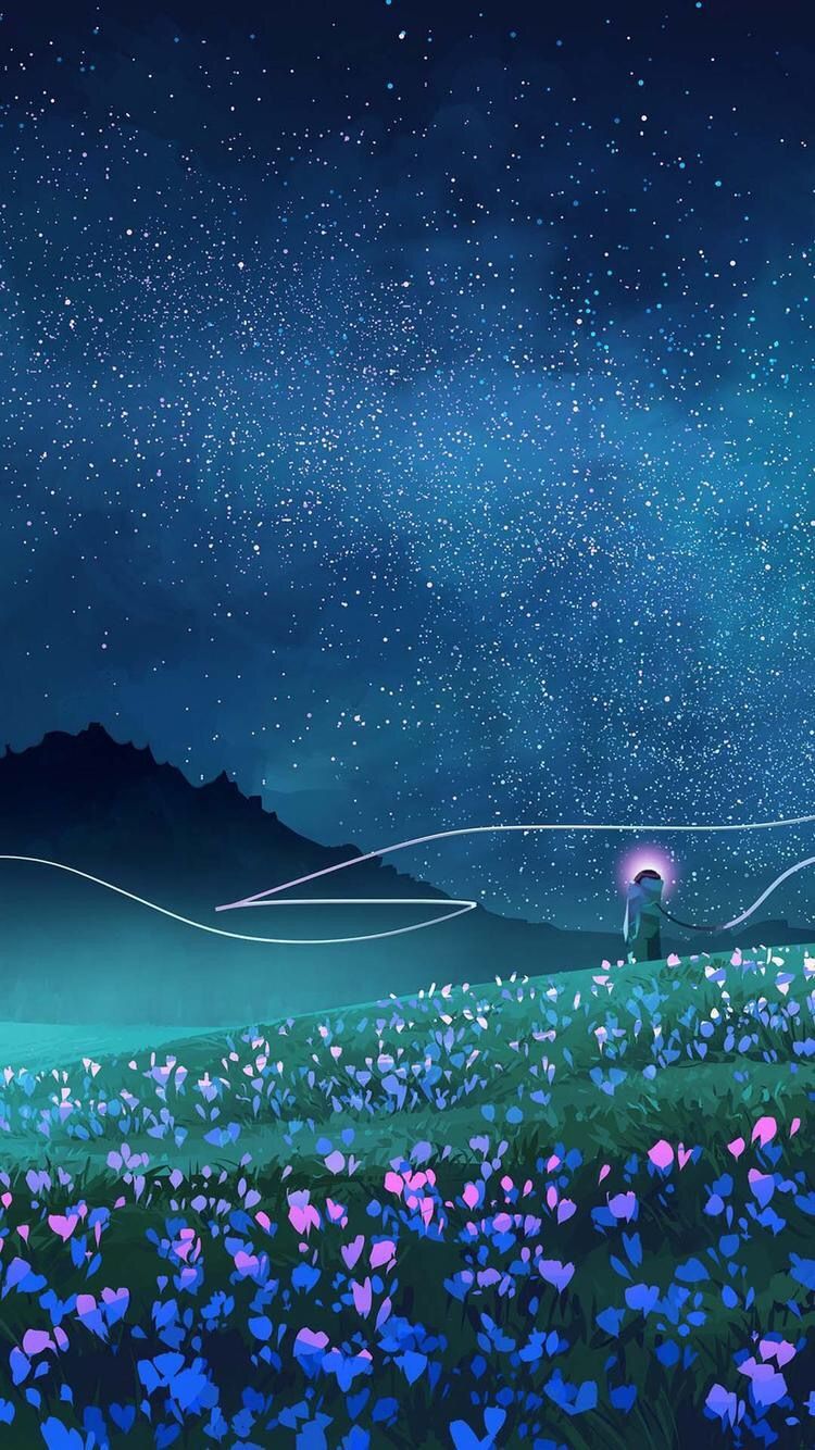Crocus field at night illustration #drawing #arr. Sky art, Night