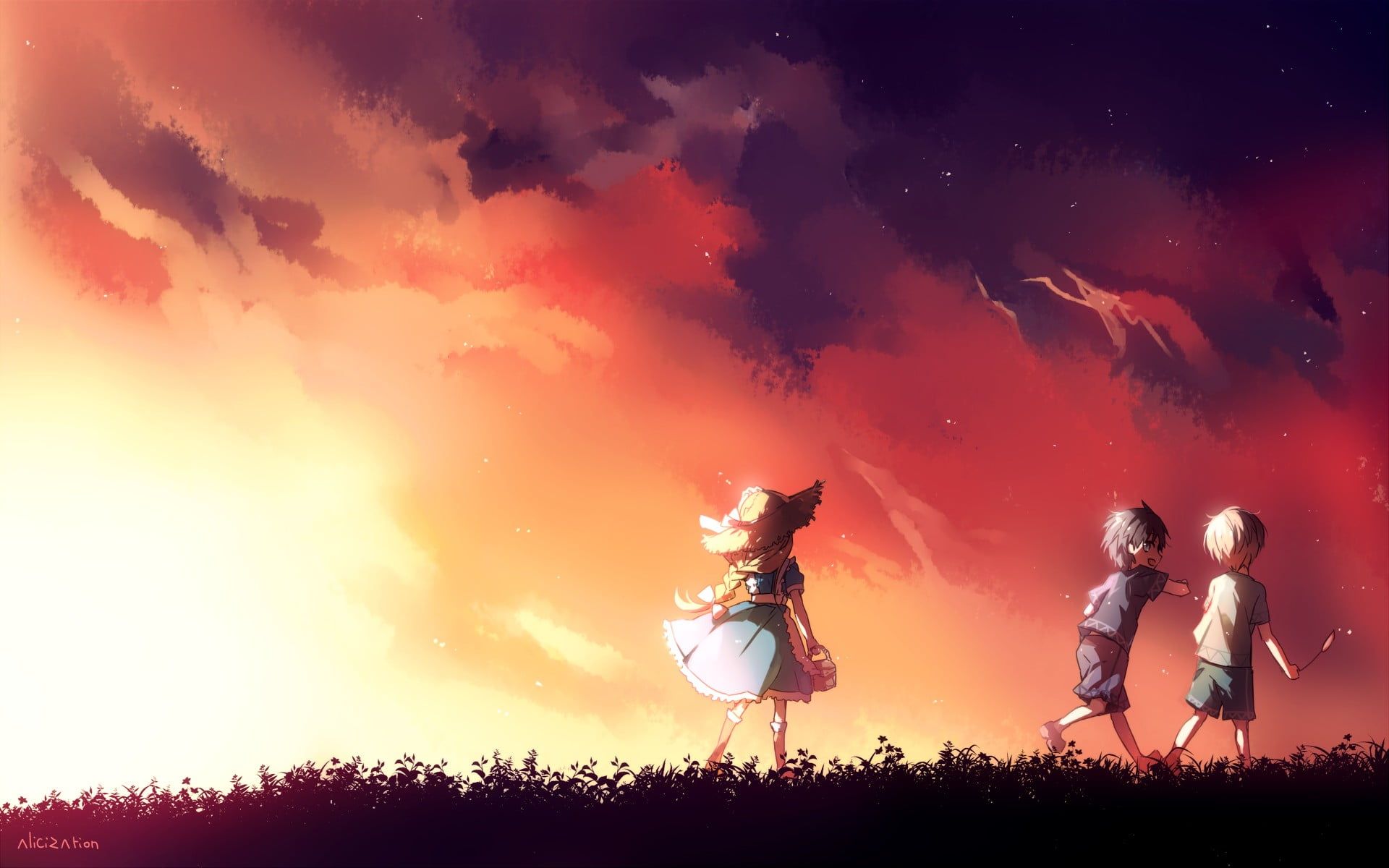 Two boys and girl walking on grass field anime characters