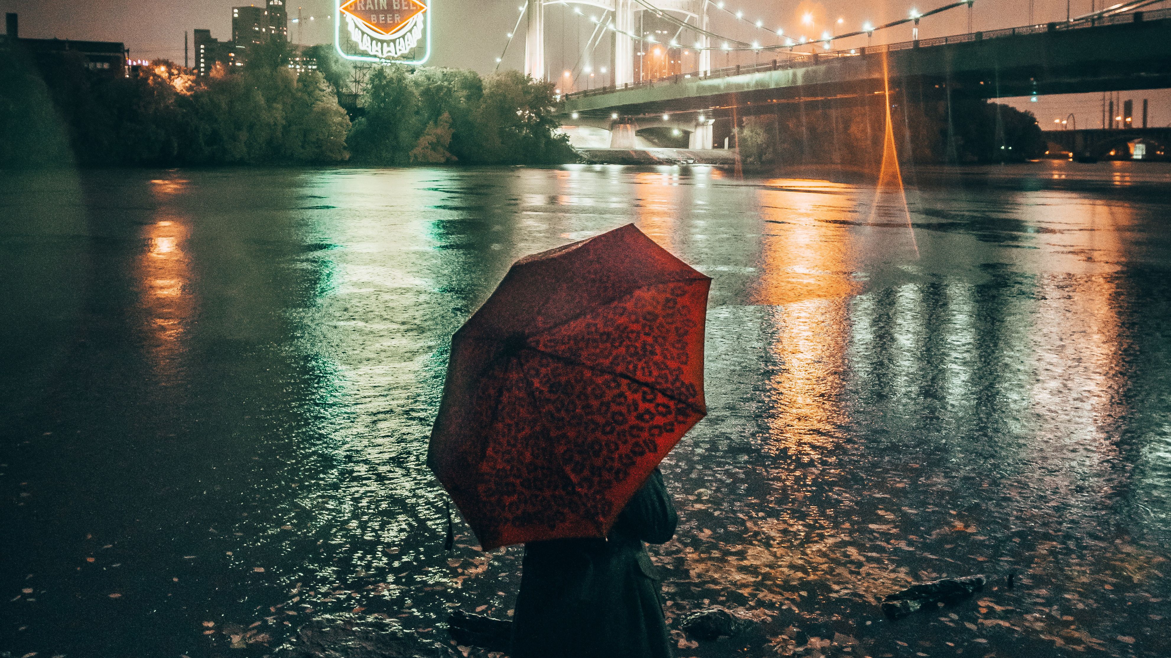 Girl With Umbrella Watching The Glowing Lights Of City, HD