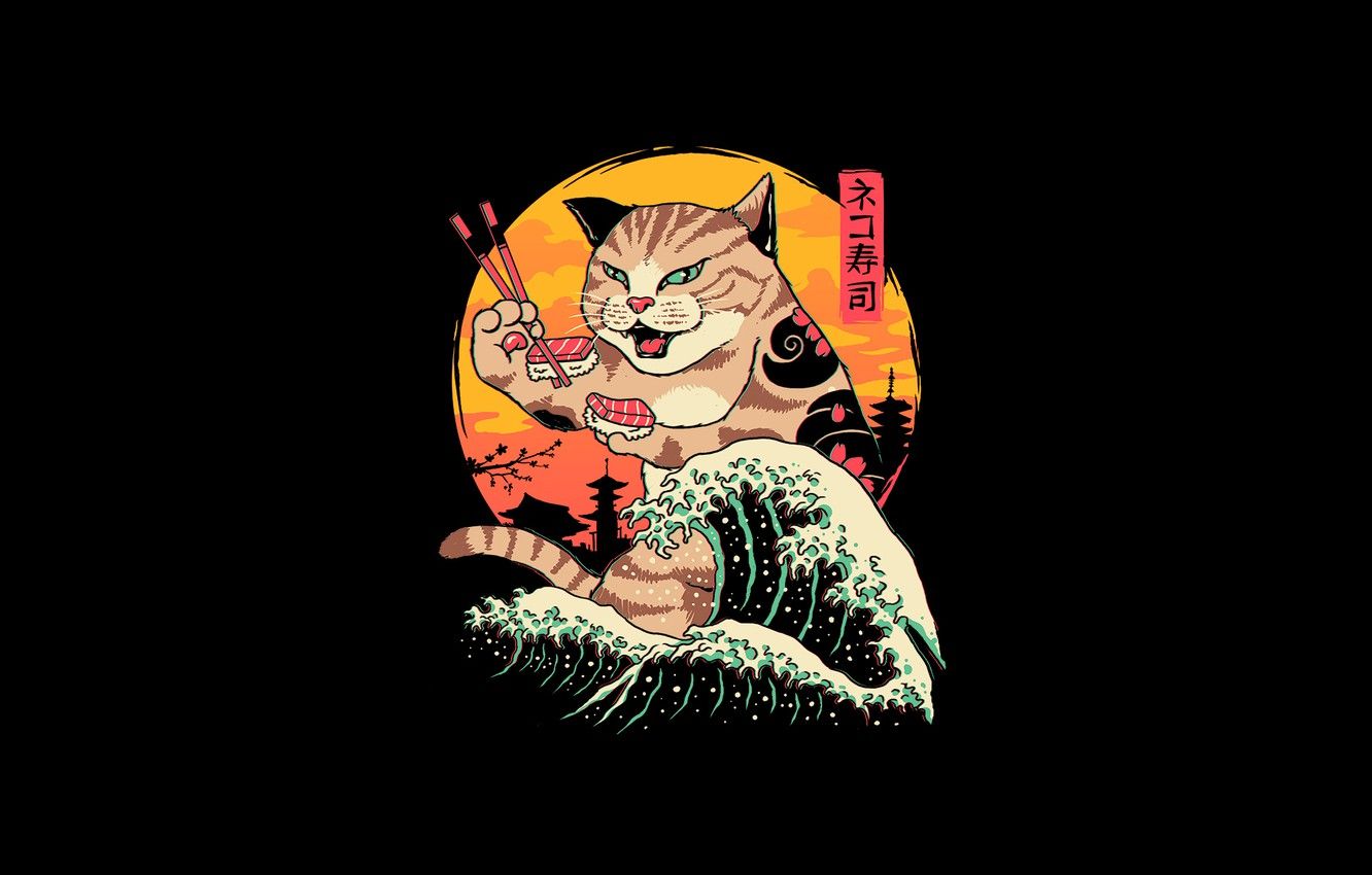 Wallpaper Minimalism, Japan, Cat, Wave, Style, Sushi, Background