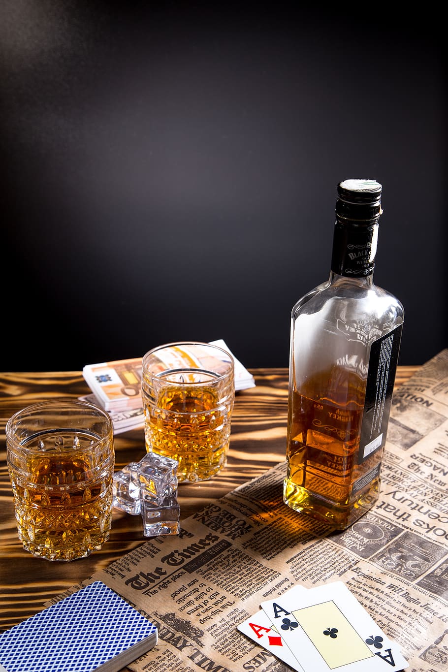 HD wallpaper: bottle, glass, drink, alcohol, whiskey, poker, cards