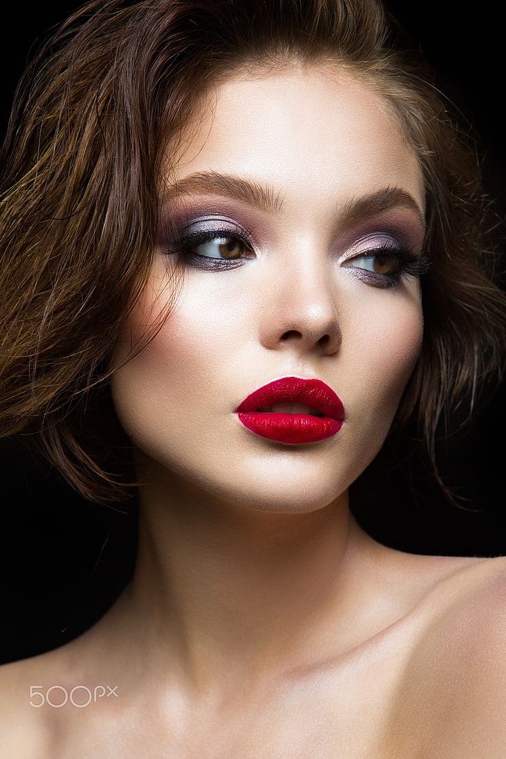 HD wallpaper: makeup, red lipstick, women, face, model, portrait