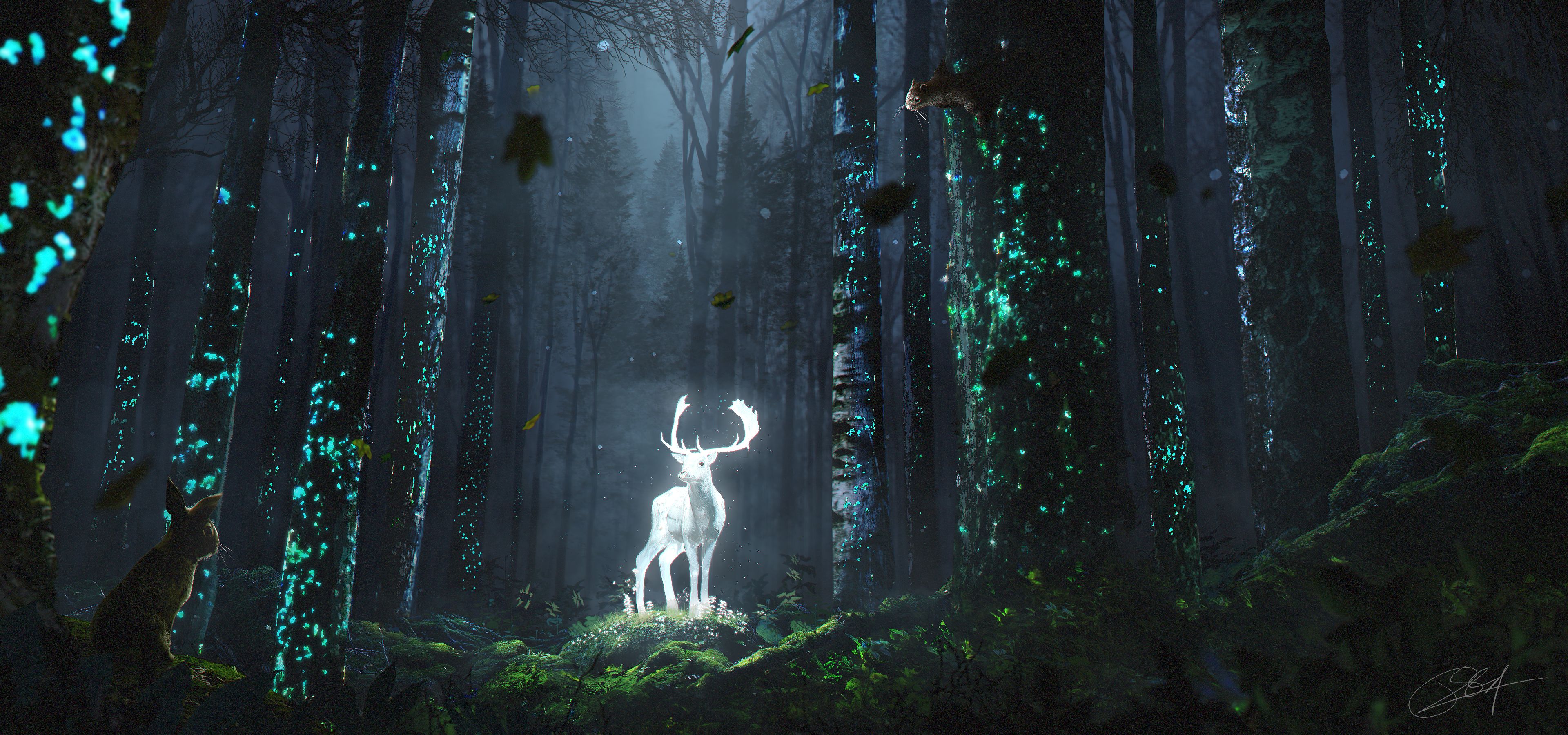 The fantasy forest of the glowing deer HD Wallpaper. Background