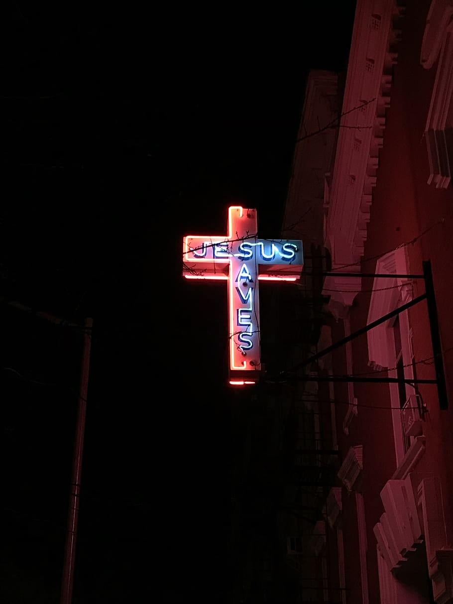 HD wallpaper: Jesus Saves Neon Signage, cross, neon light, night, illuminated