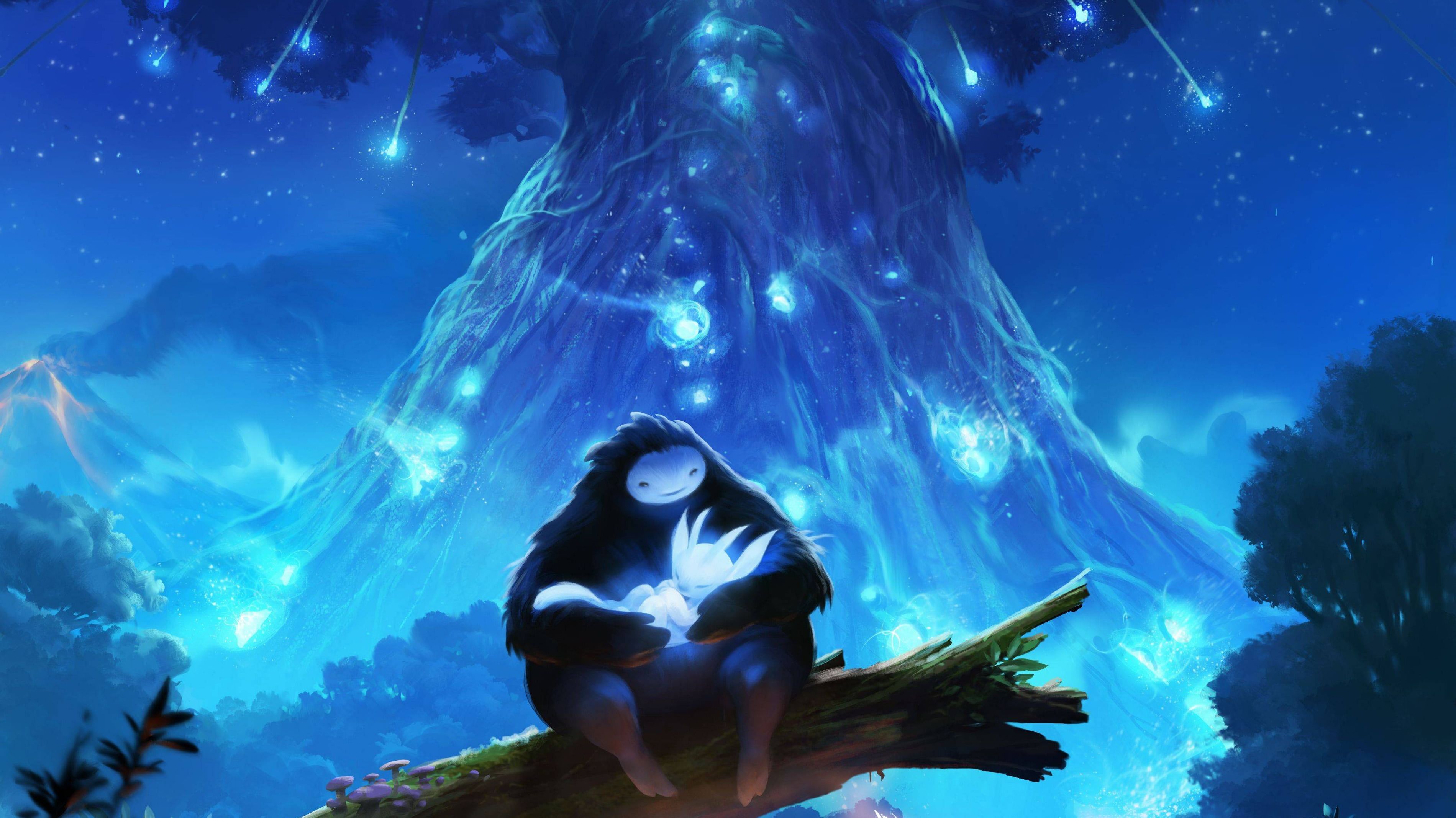 Animated animal character sitting on tree trunk with glowing
