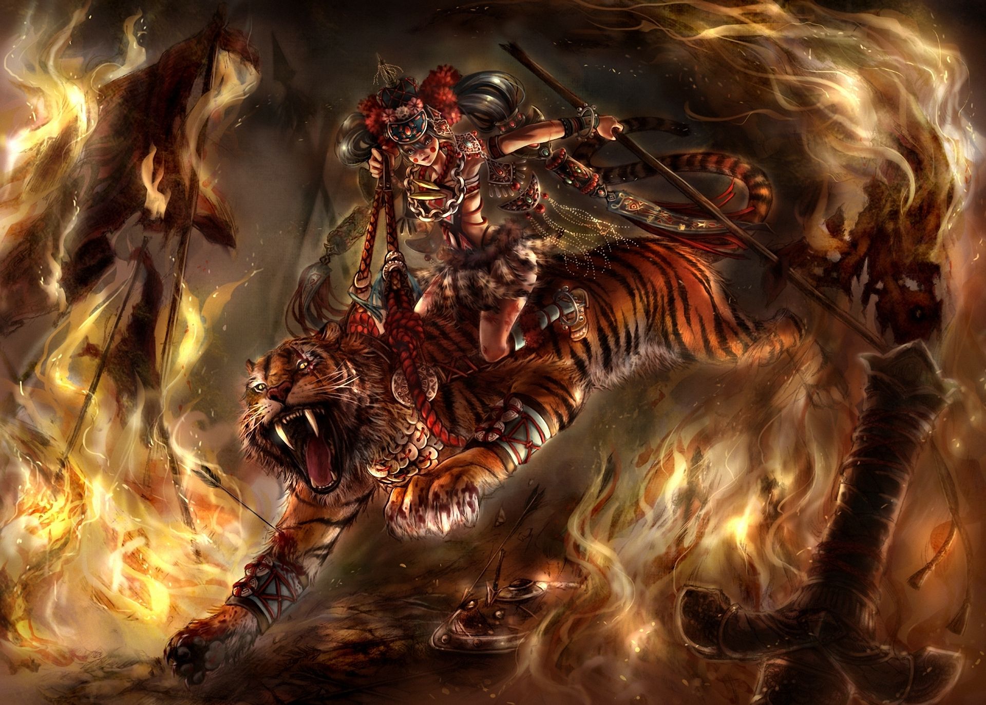 Fantasy warriors tigers animals fire flames dark battle wallpapers