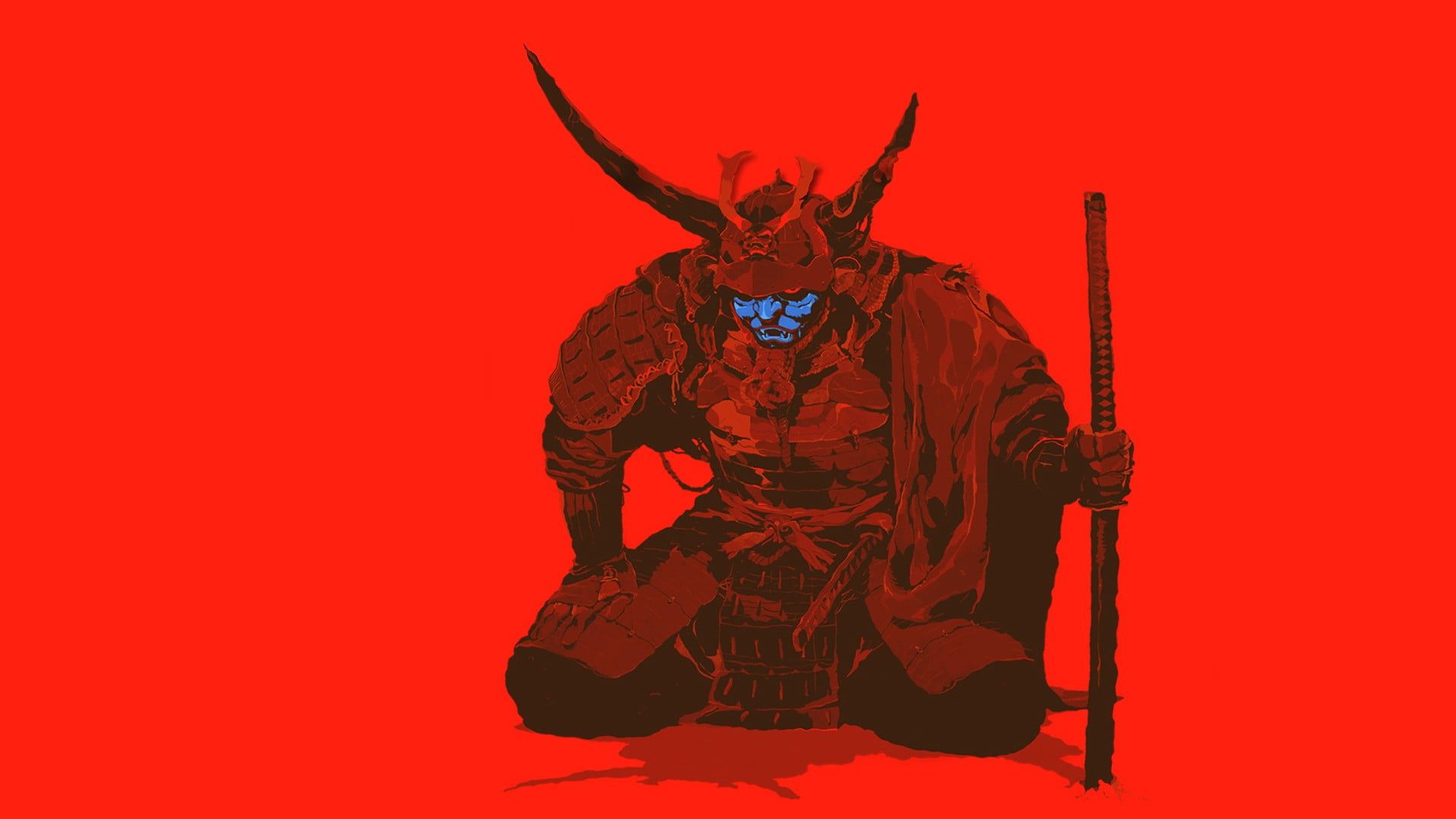 Onimusha illustration, samurai, red, artwork, minimalism HD