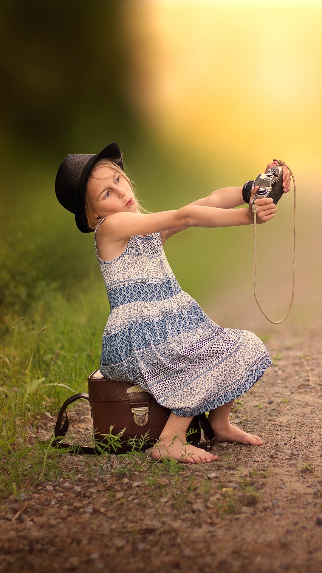 Photos Little girls Camera Selfie Children Hat Suitcase 1080x1920