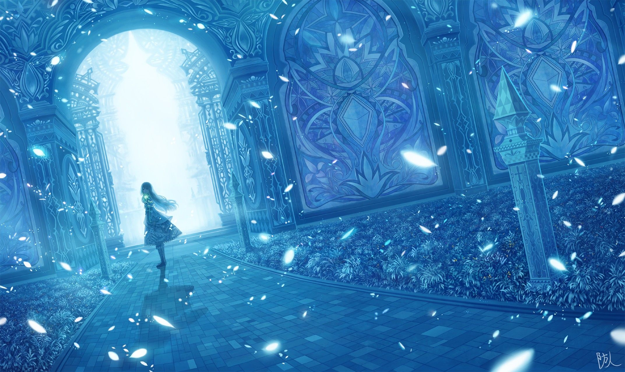 #anime girls, #gates, #anime, #path, #long hair, #blue