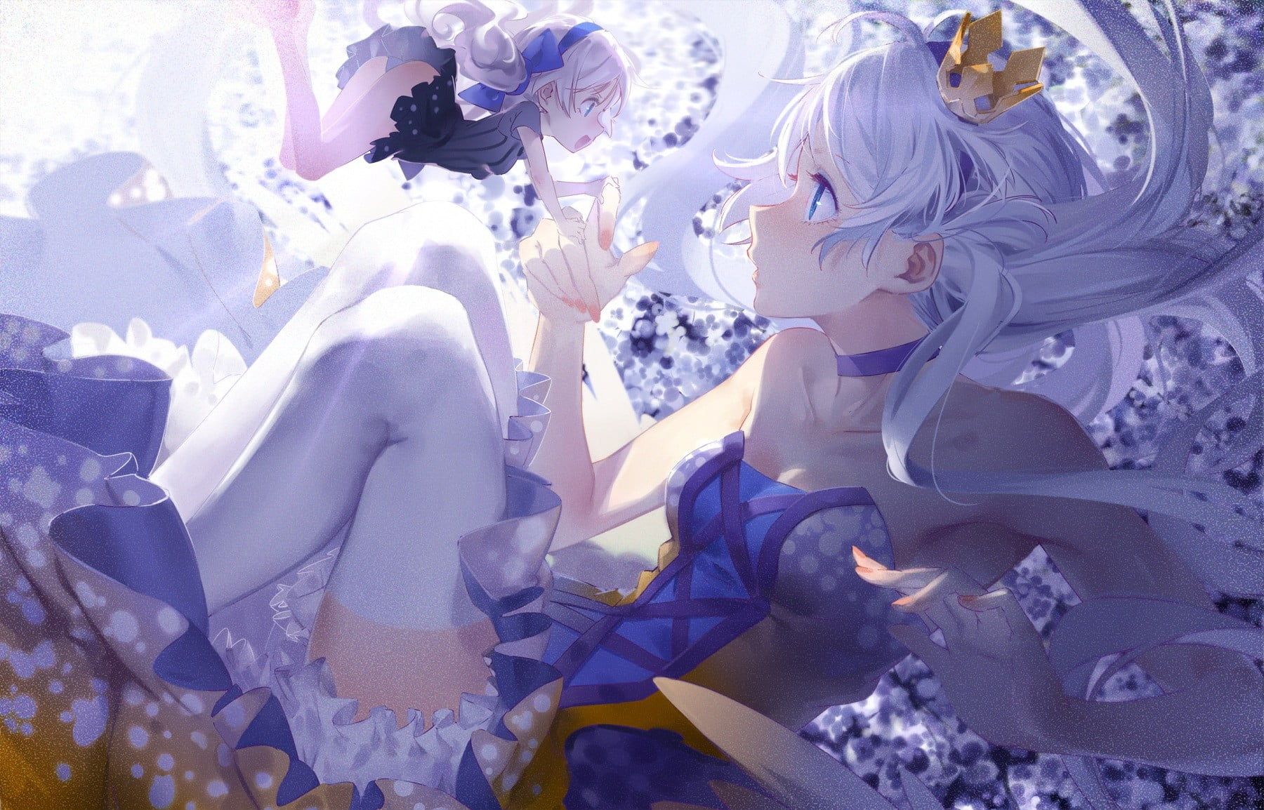 Female anime character with white hair in white and blue dress HD