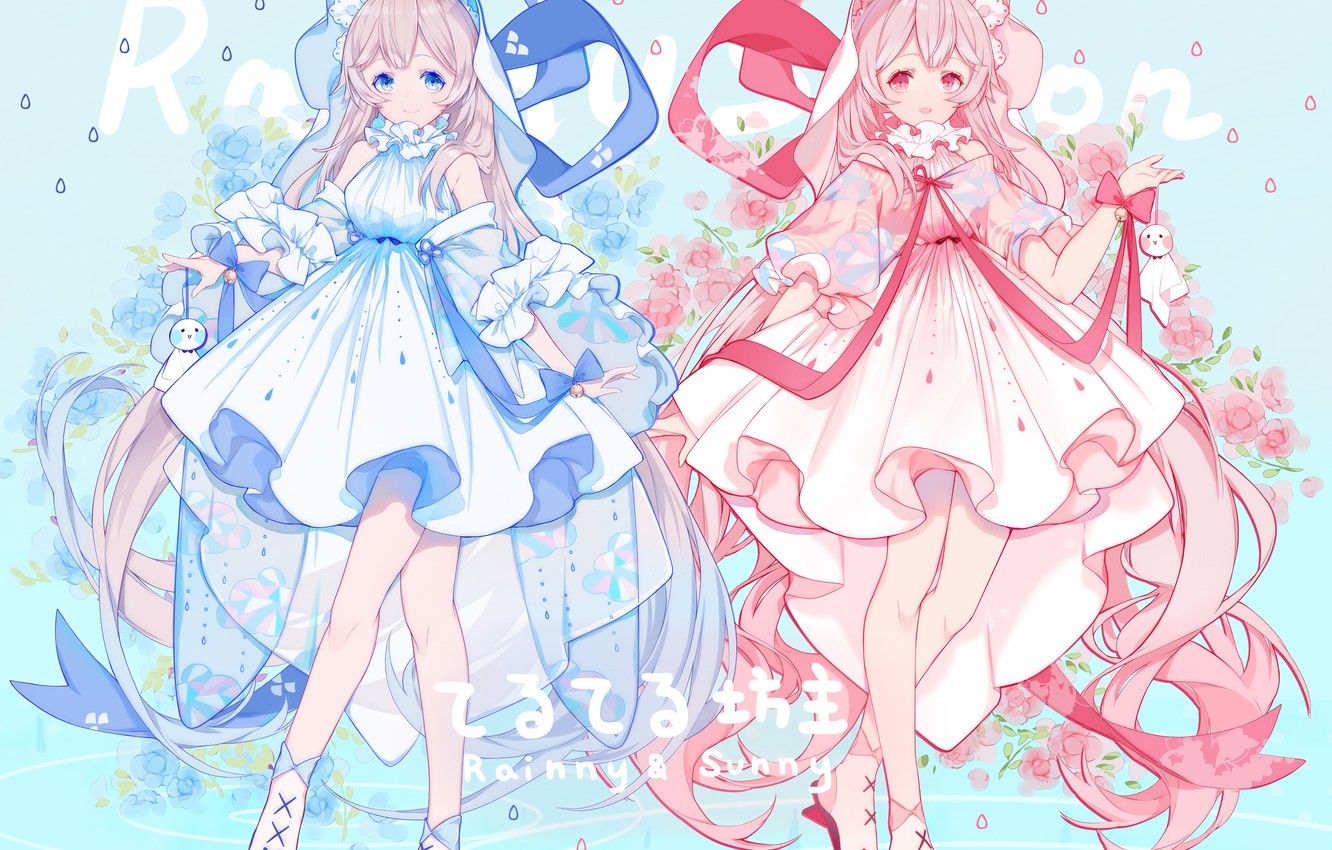 Wallpaper girls, anime, blue dress, pink dress image for desktop