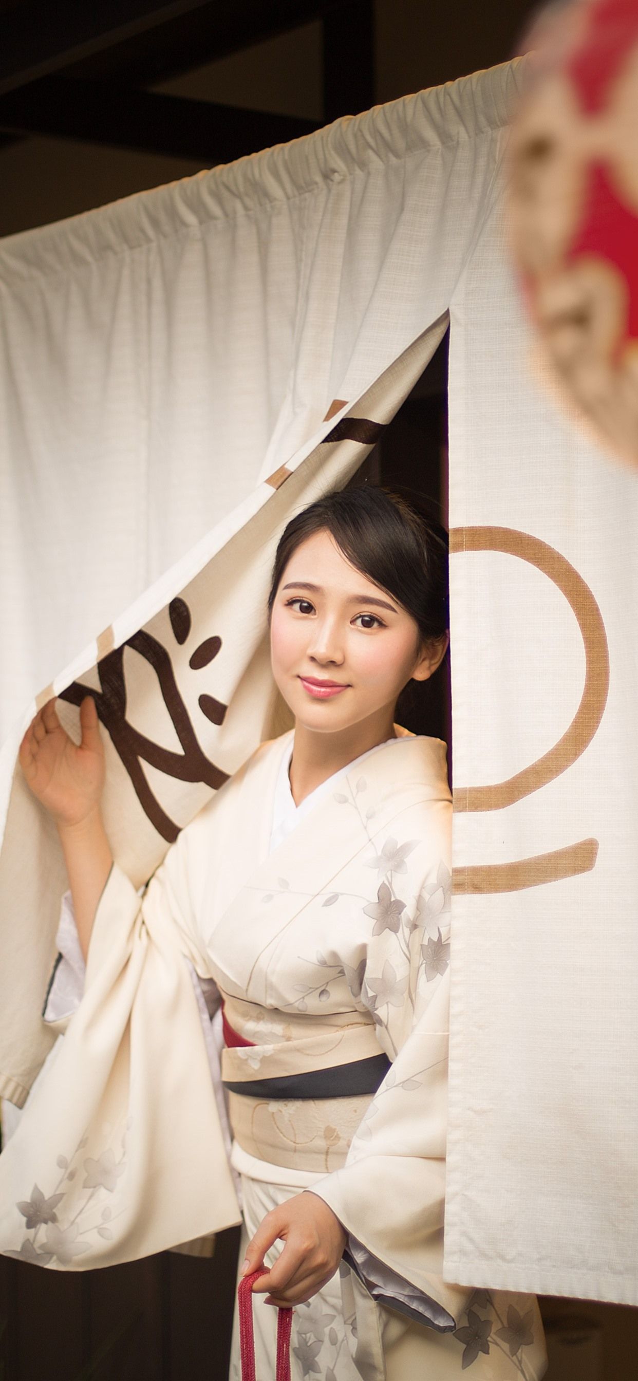 Beautiful Japanese girl, kimono, smile, lantern 1242x2688 iPhone