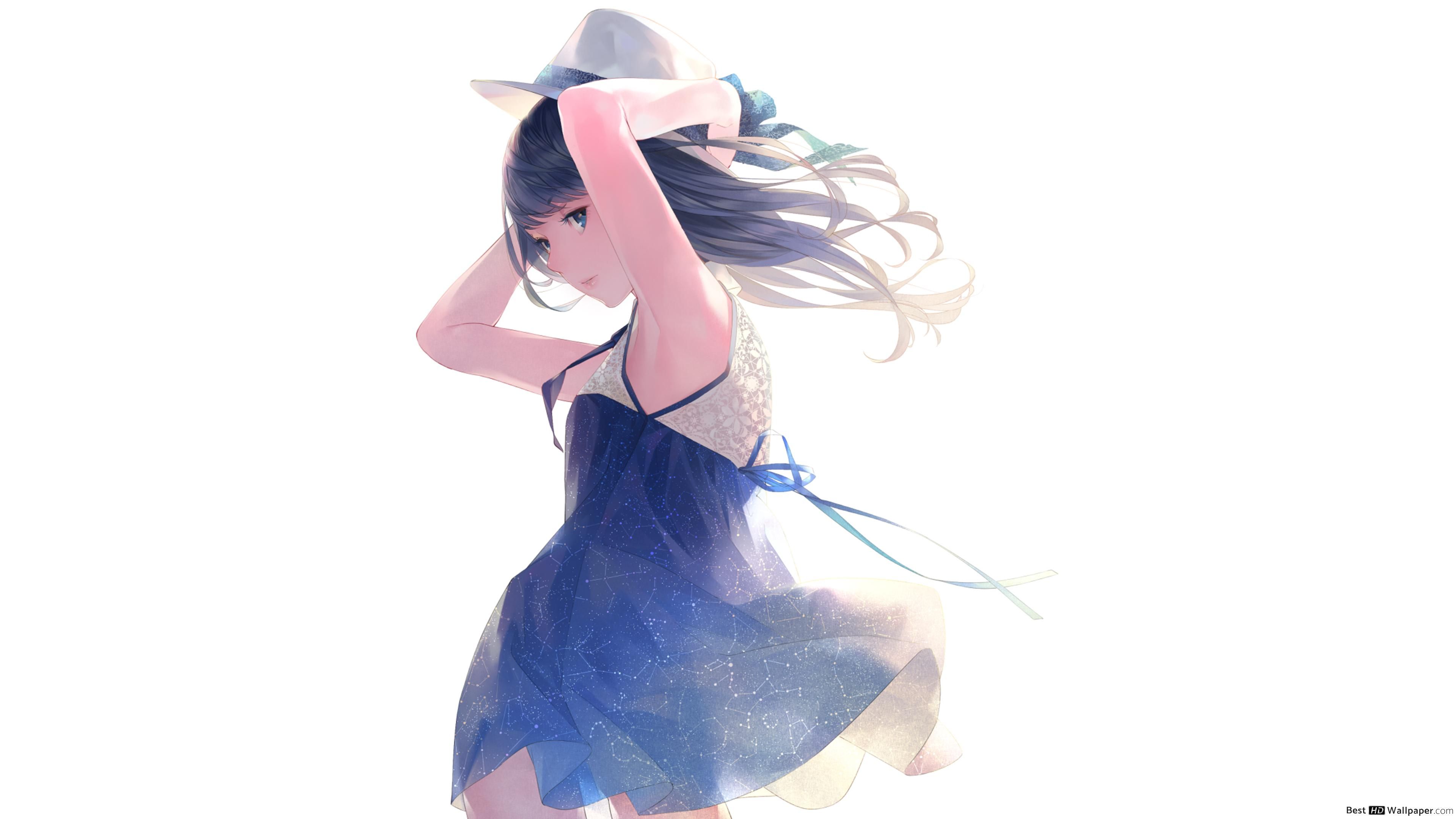 Cute anime girl in blue dress HD wallpaper download
