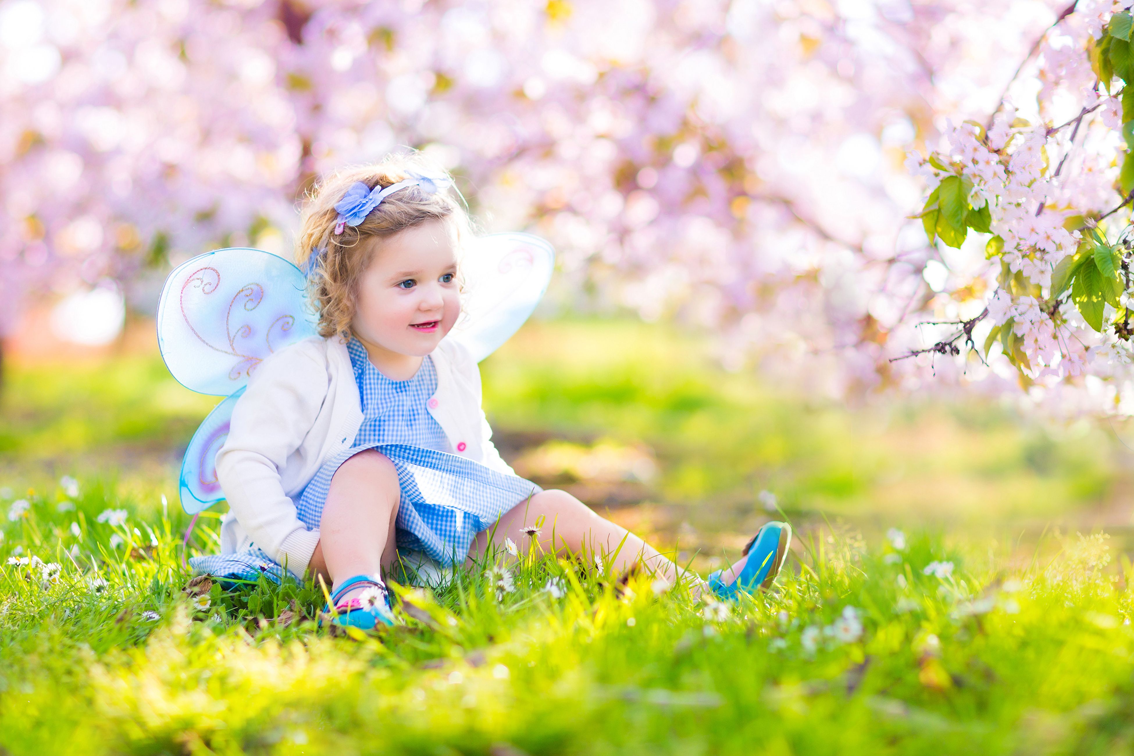 Photo Little girls Fairy Butterflies child Spring sit 3900x2600
