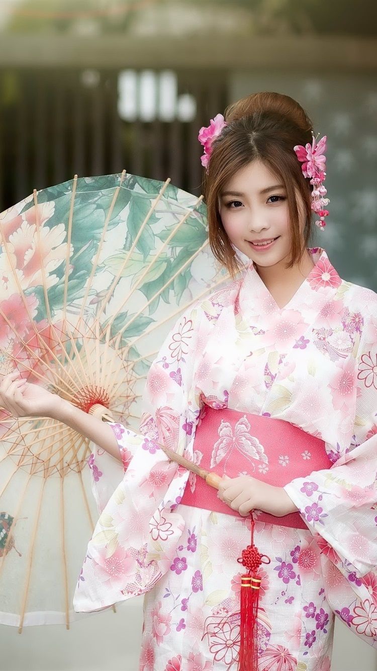 Beautiful Japanese Girl, Kimono, Umbrella 750x1334 IPhone 8 7 6 6S