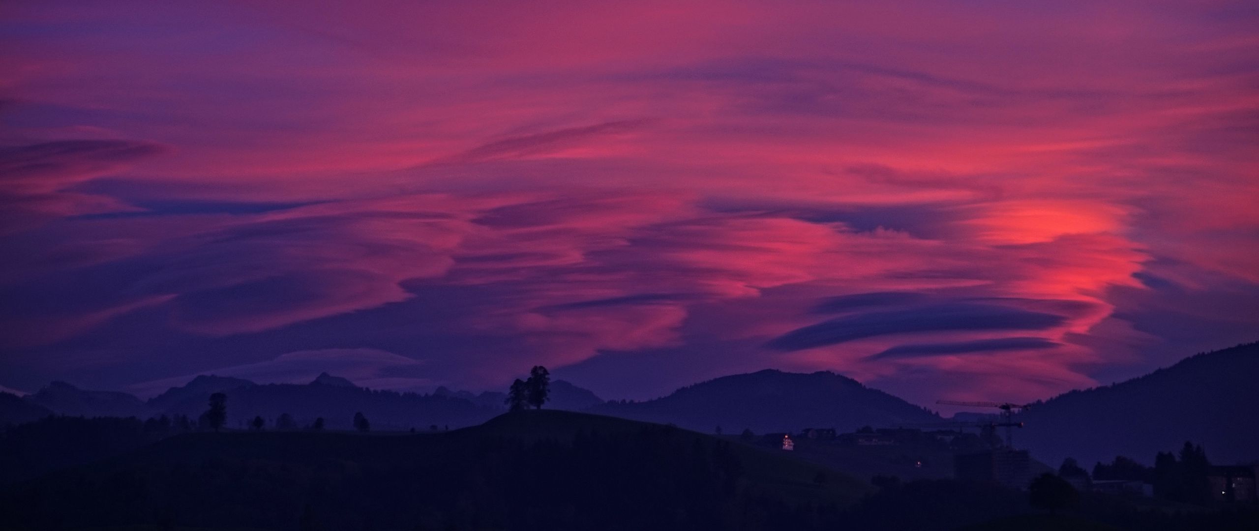 Download wallpaper 2560x1080 mountains, sky, clouds, purple dual
