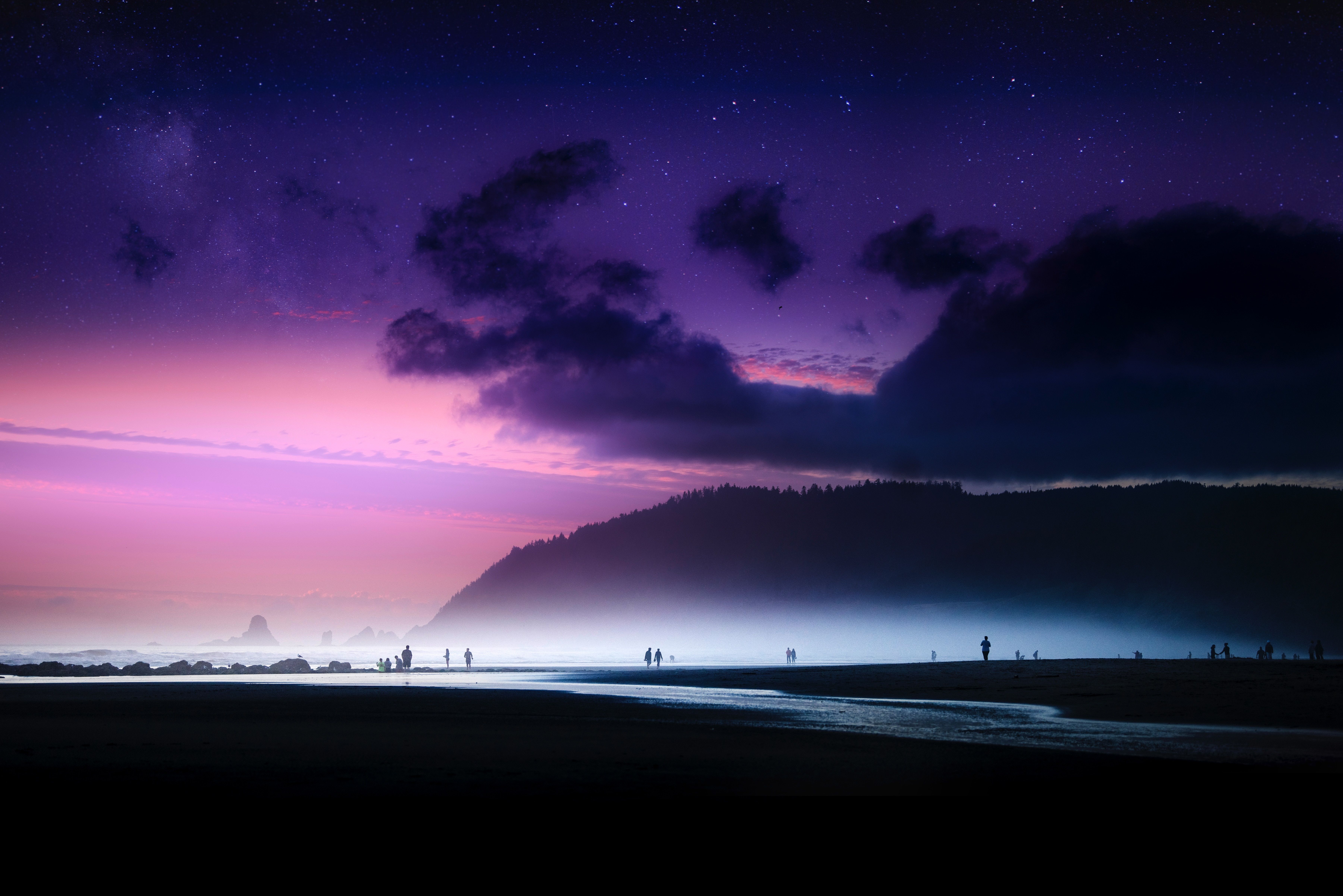 Wallpaper Beach, Twilight, Purple sky, 4K, 8K, Nature