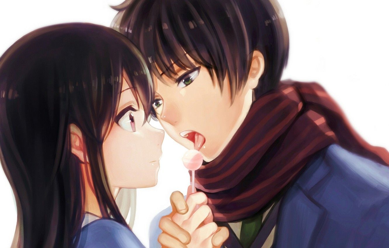 Wallpaper girl, anime, scarf, art, pair, guy, candy, two, beyond