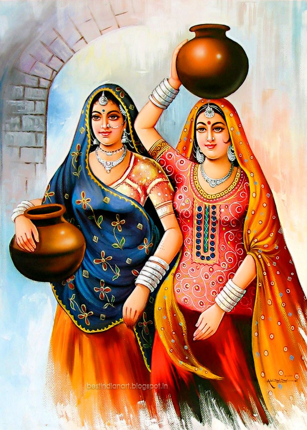 TWO INDIAN VILLAGE WOMAN WITH WATER POT BEST INADIAN ART WORK