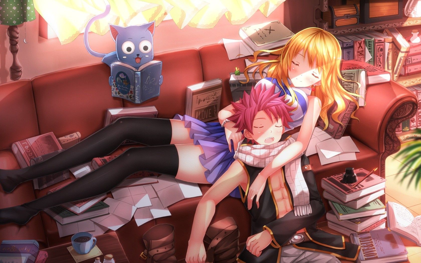 blondes, skirts, books, pink hair, Fairy Tail, thigh highs