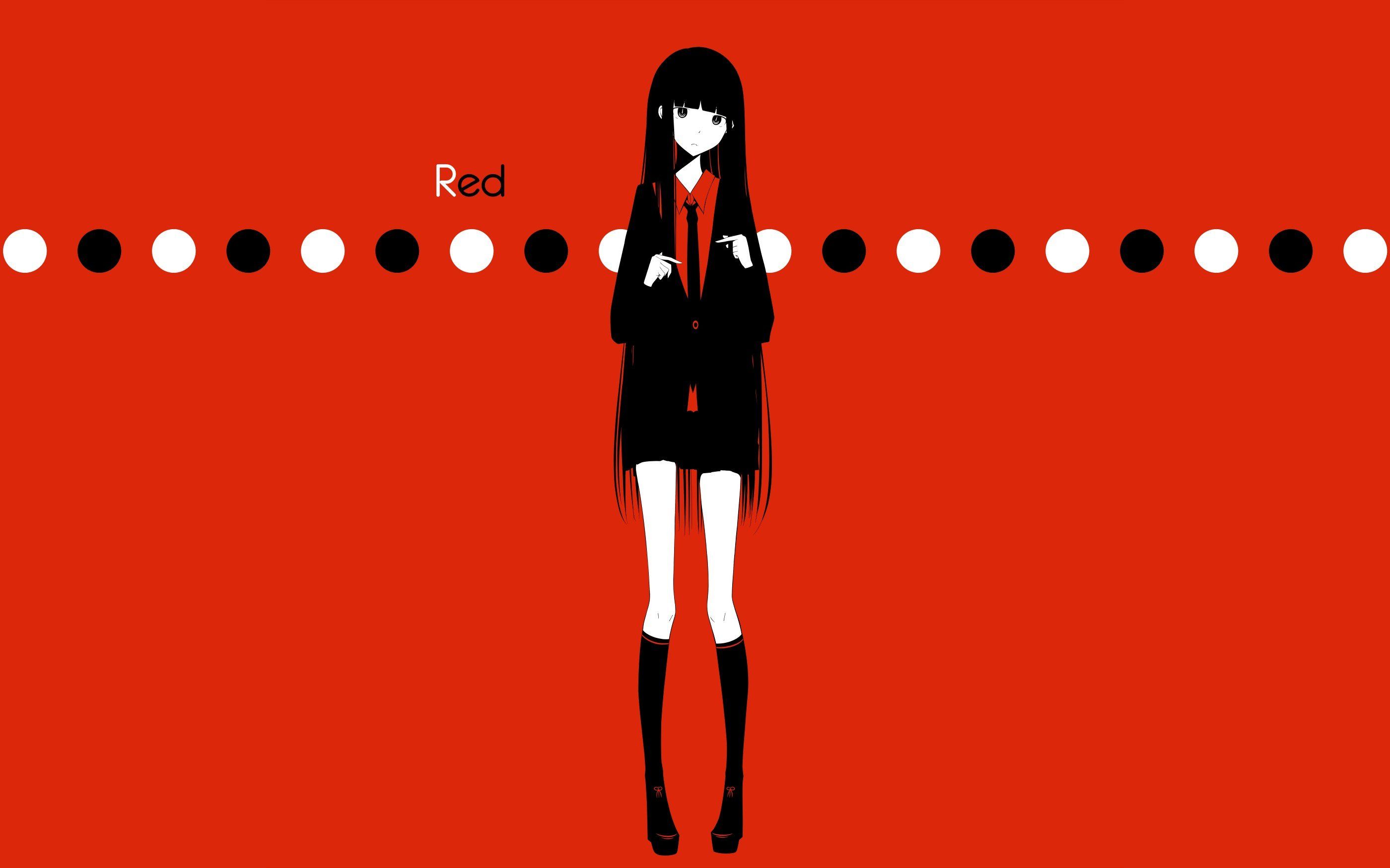 Text tie skirts circles long hair shoes shirts selective coloring simple background anime girls red background black clothes original characters knee socks haru wallpaperx1750
