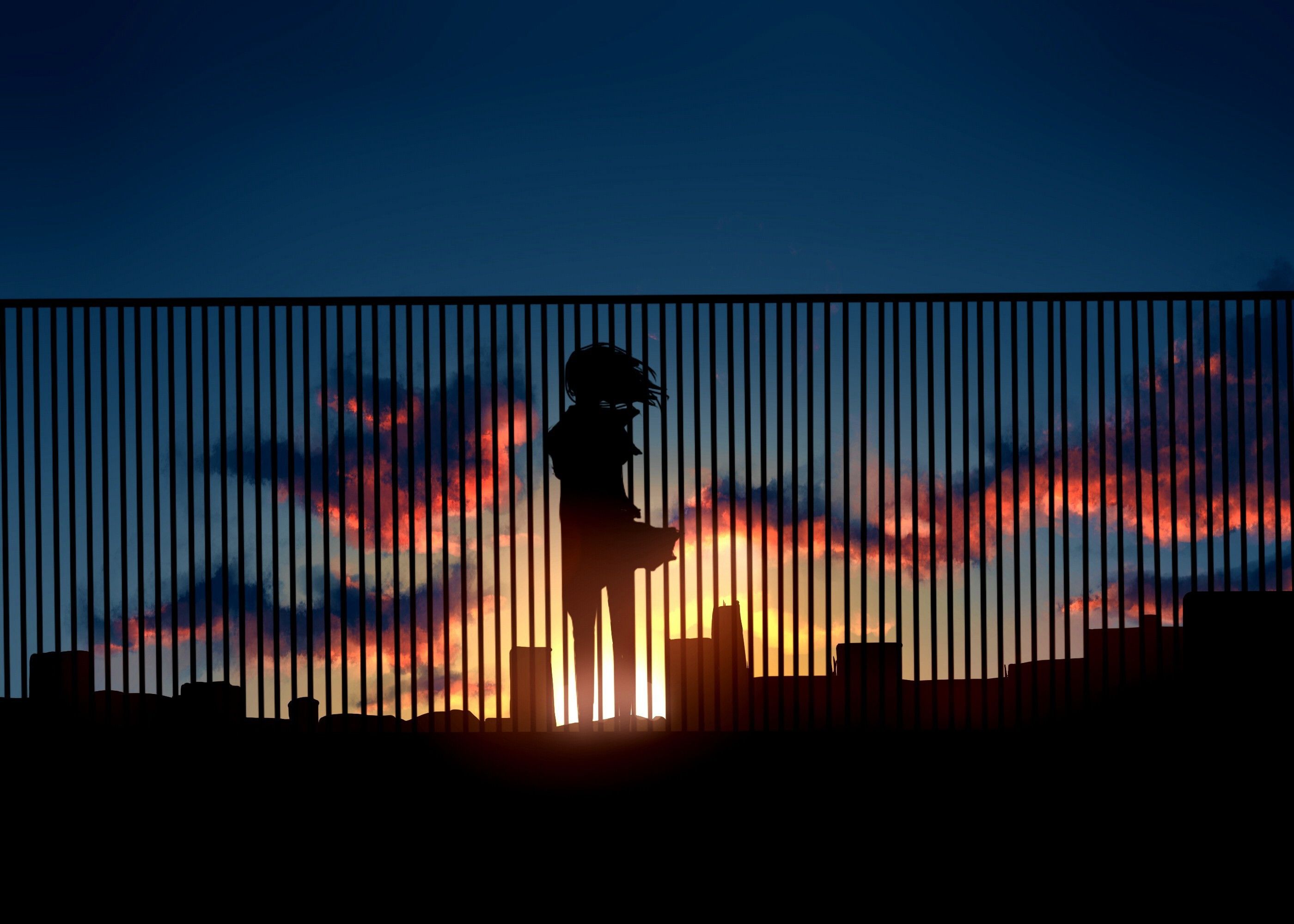 Anime style wallpaper. Girl looking at the peaceful sunset. (2800x2000)